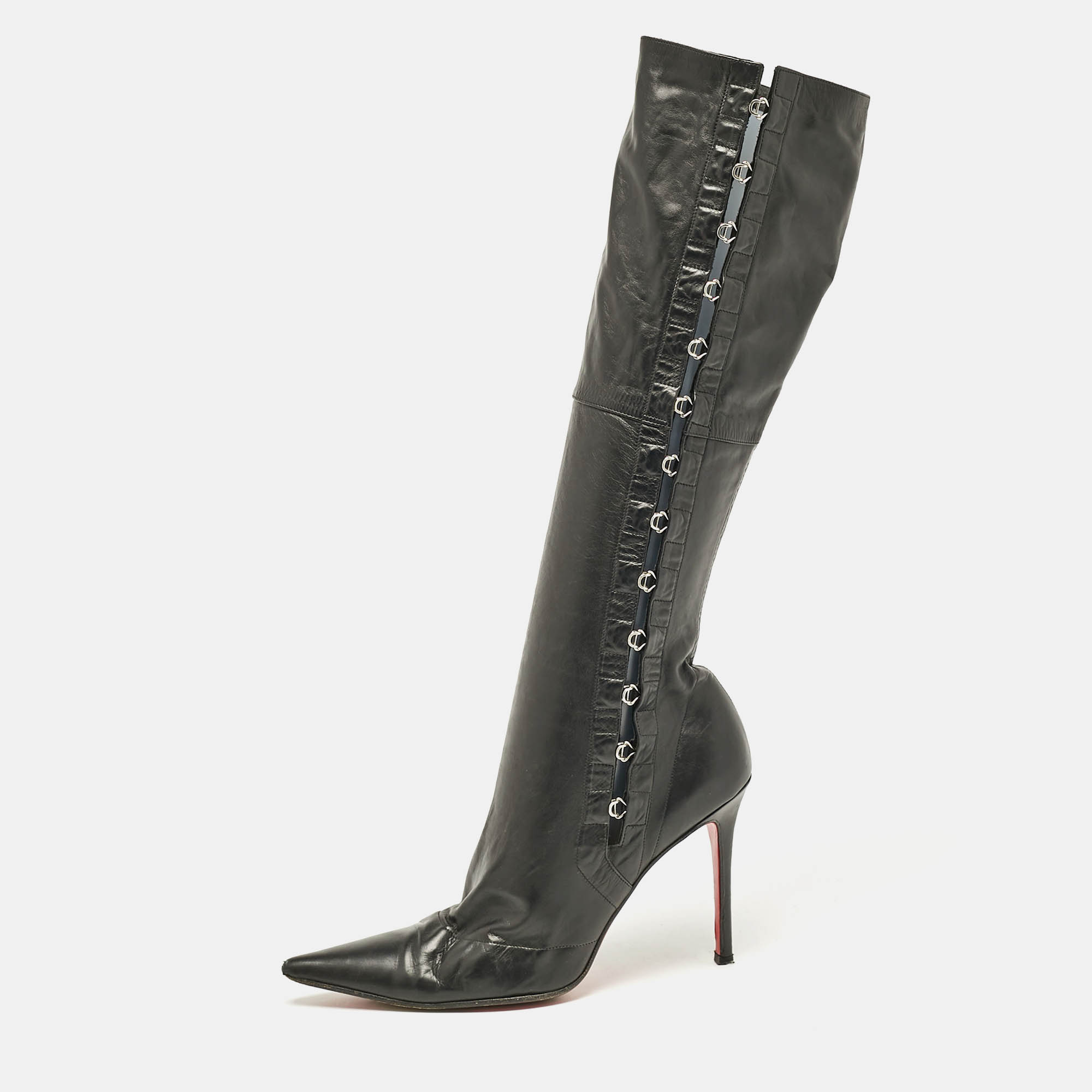 Pre-owned Christian Louboutin Black Leather Knee Length Boots Size 37.5