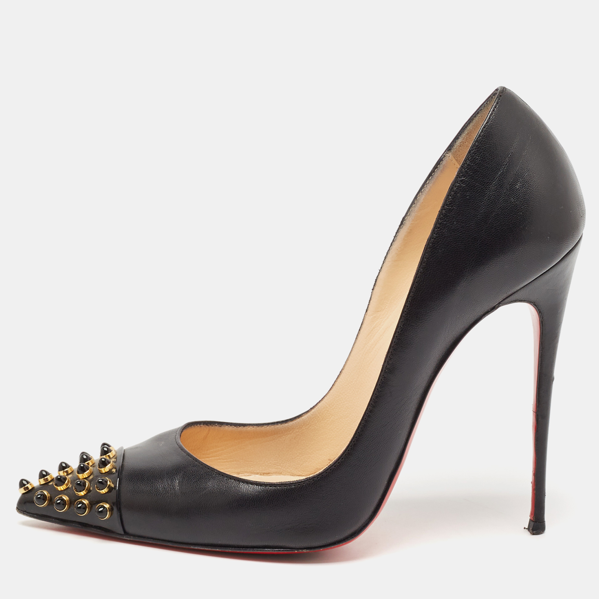 

Christian Louboutin Black Leather Studded Cabo Pumps Size