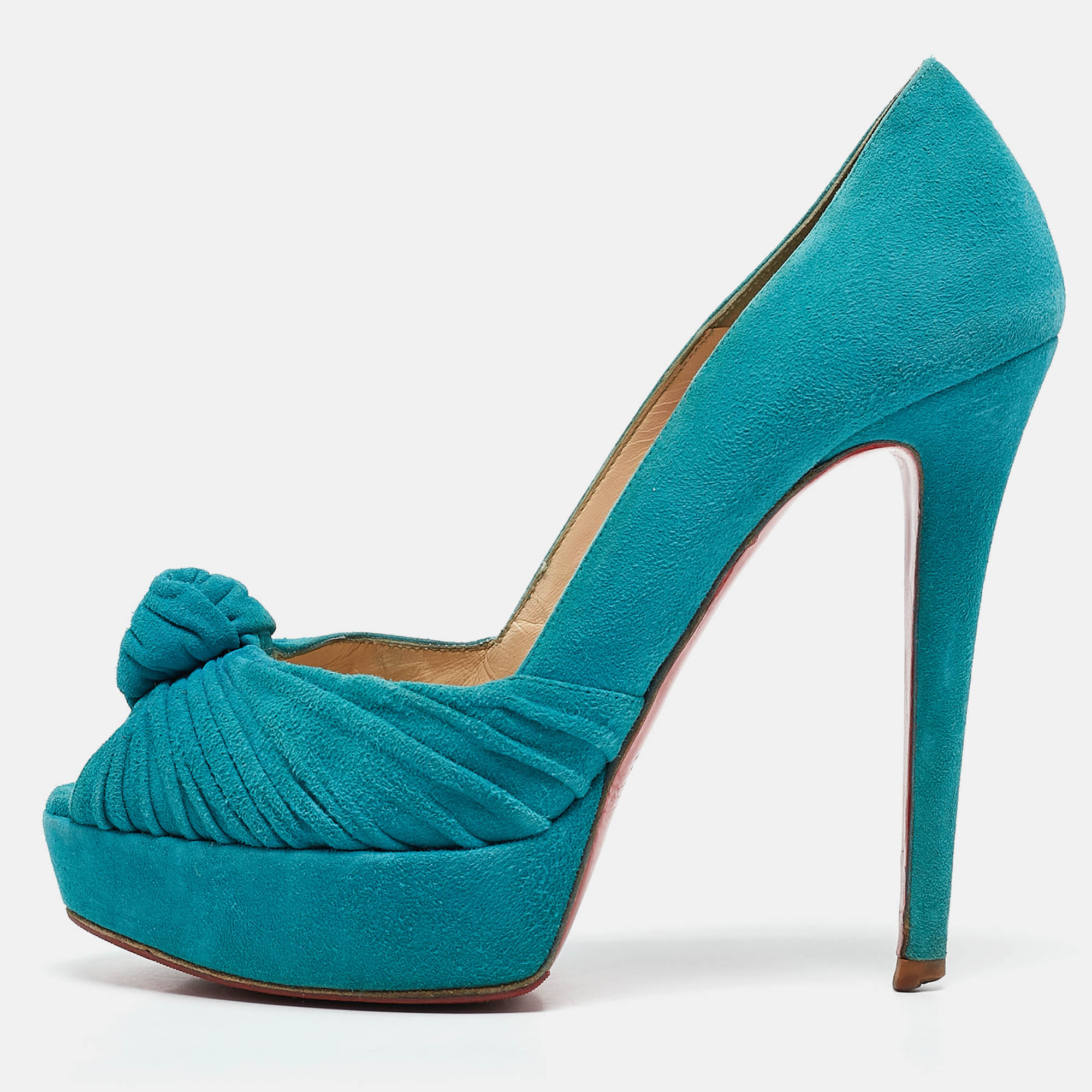 

Christian Louboutin Green Pleated Suede Jenny Platform Pumps Size