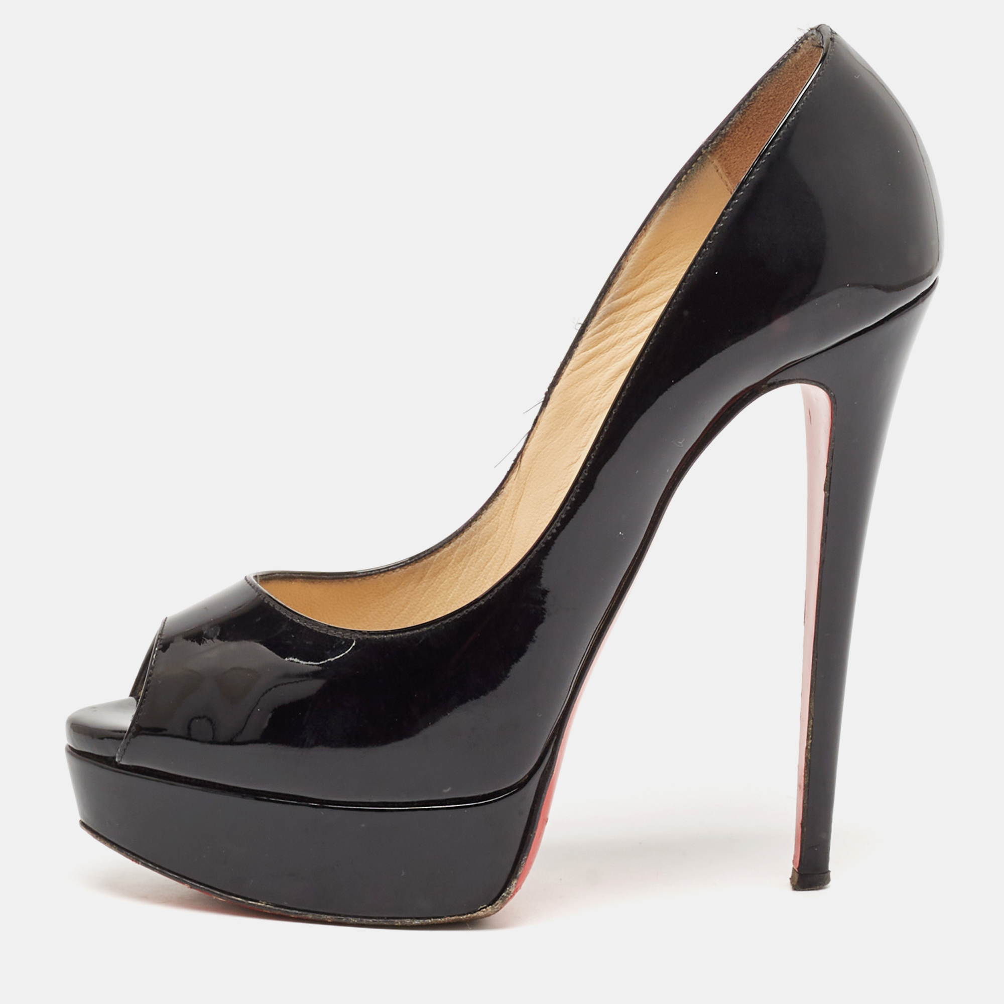 

Christian Louboutin Black Patent Leather Lady Peep Pumps Size