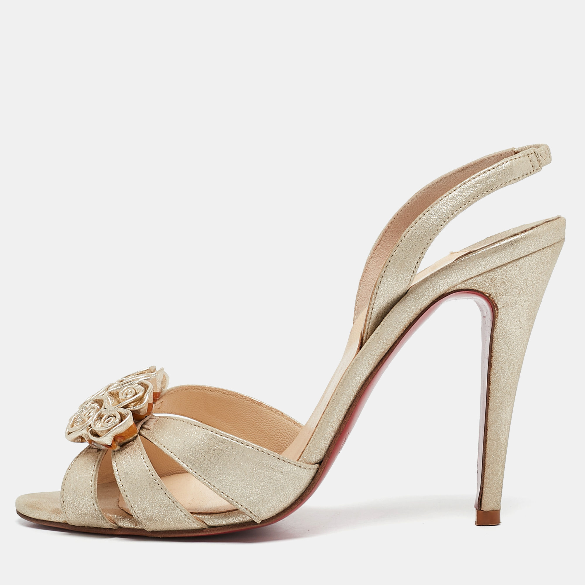 

Christian Louboutin Gold Suede Flo Ankle Strap Sandals Size