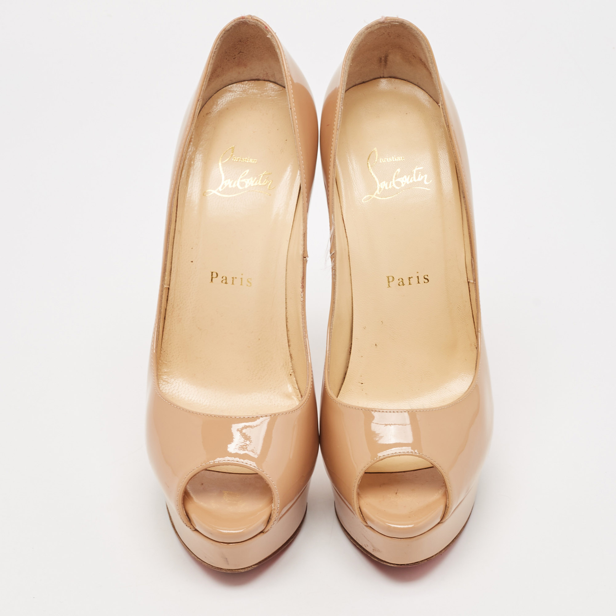 Christian Louboutin Beige Patent Leather Lady Peep Pumps Size 38.5 
