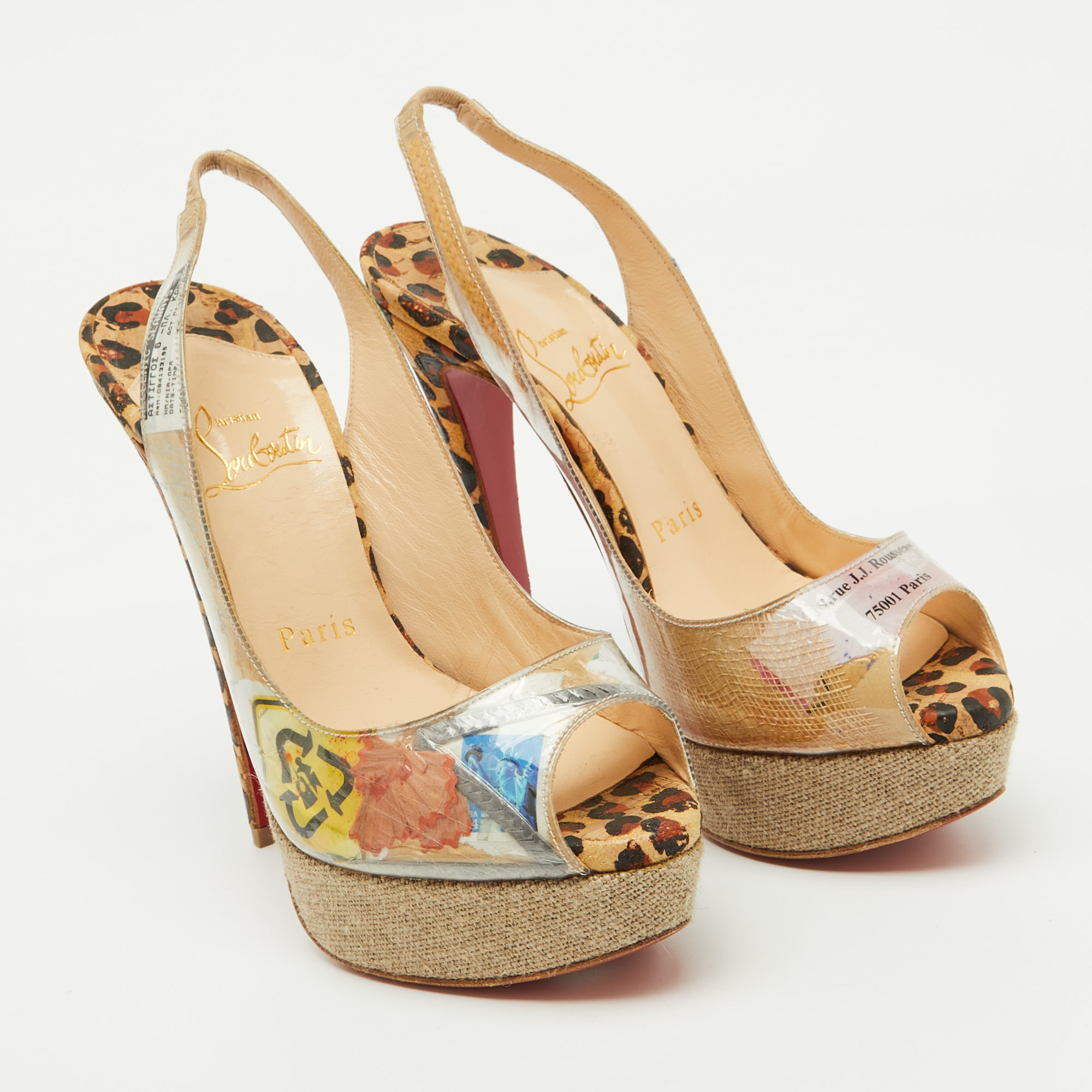 Christian Louboutin Multicolor PVC Eco Trash Peep Toe Platform Slingback Pumps Size 35.5 
