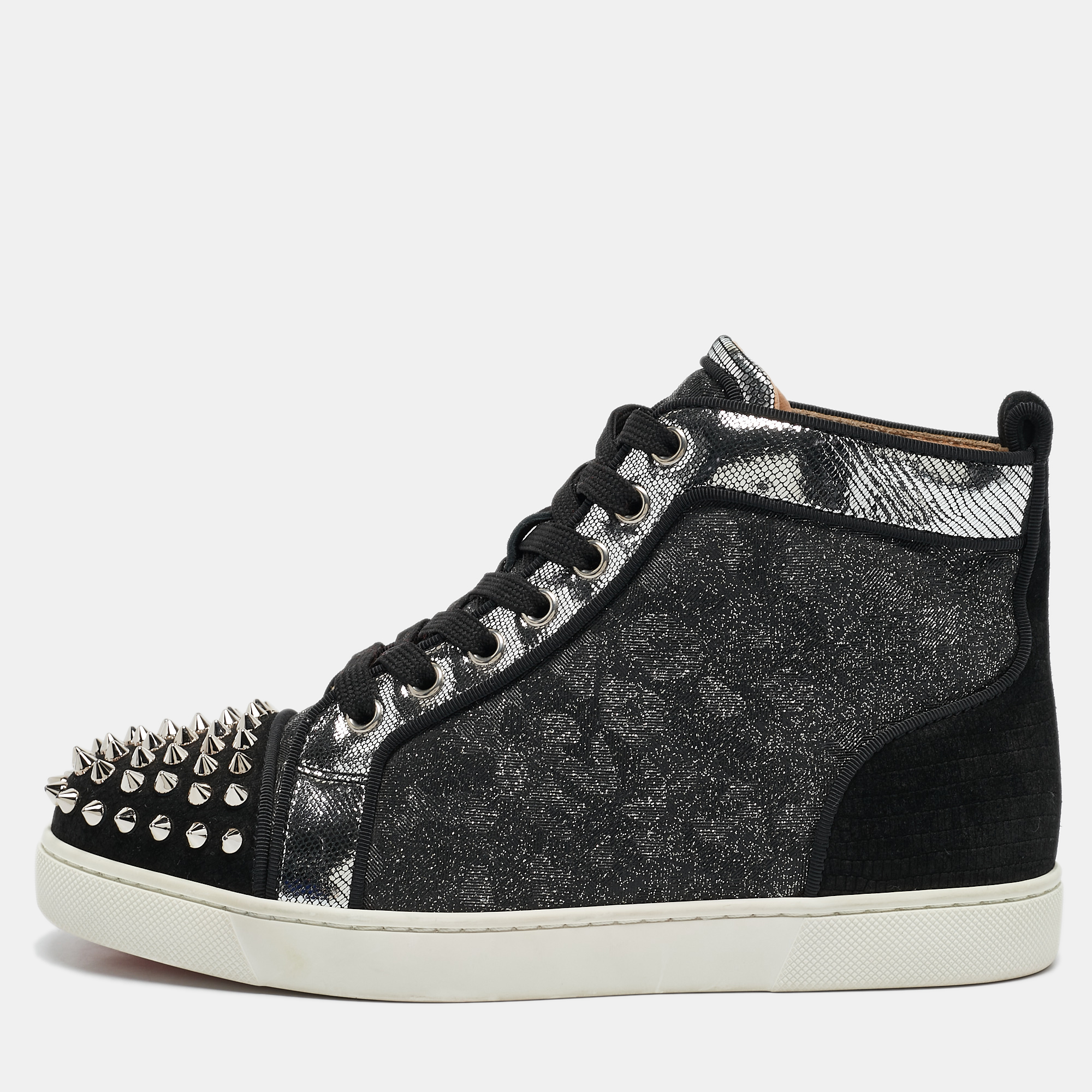 

Christian Louboutin Silver/Black Suede and Leather Lou Spikes High Top Sneakers Size