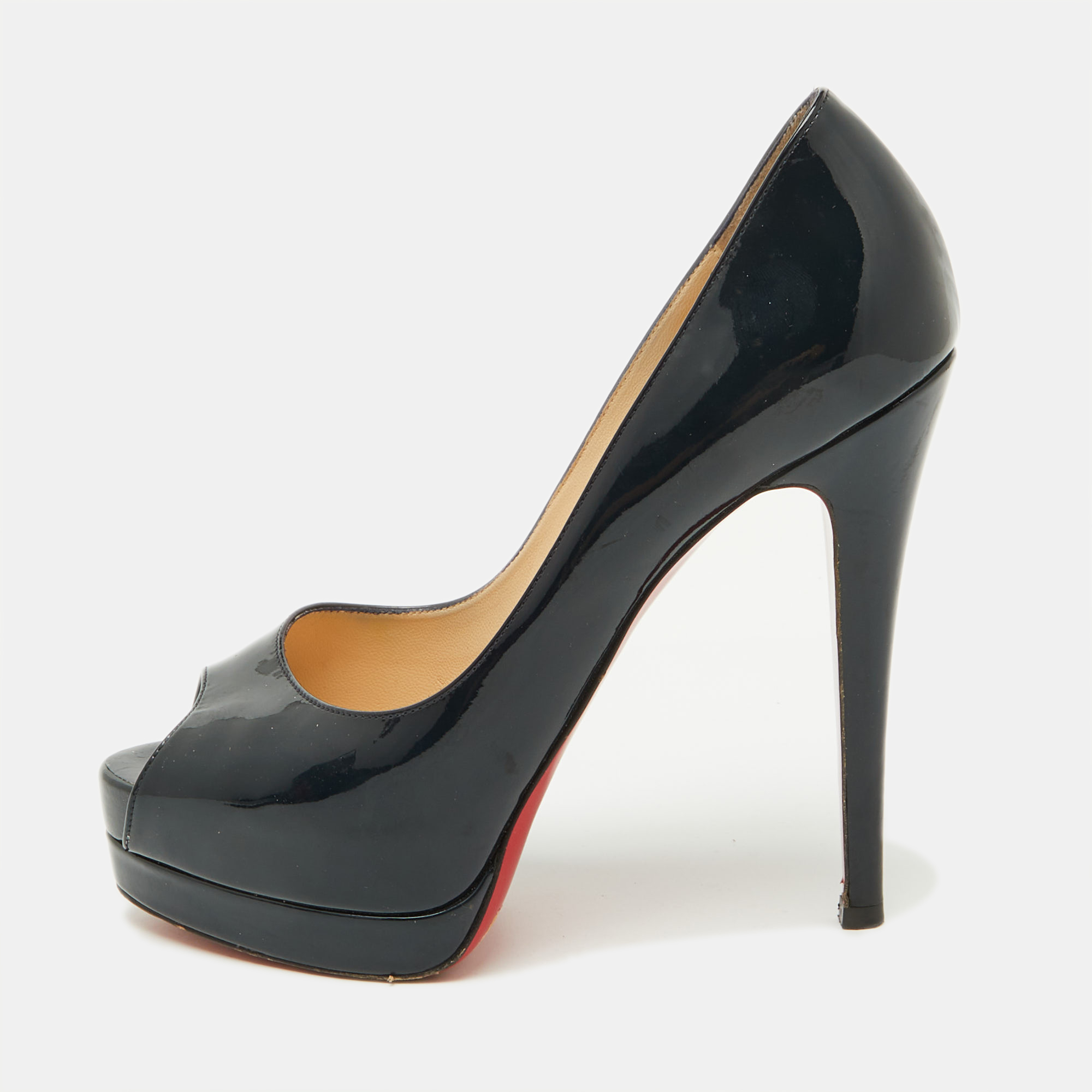 

Christian Louboutin Navy Blue Patent Leather Lady Peep Toe Platform Pumps Size