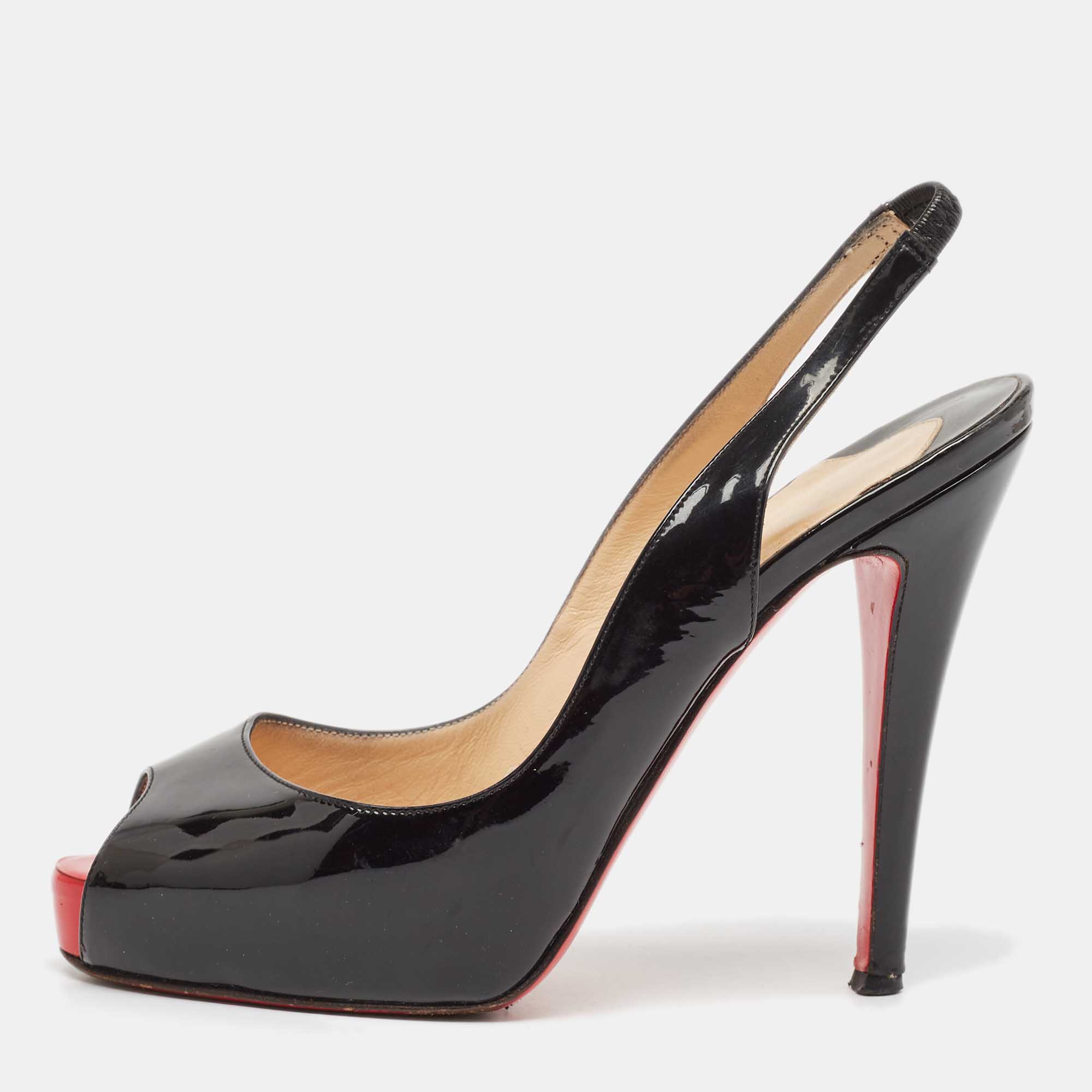 

Christian Louboutin Black Patent Leather Private Number Slingback Sandals Size