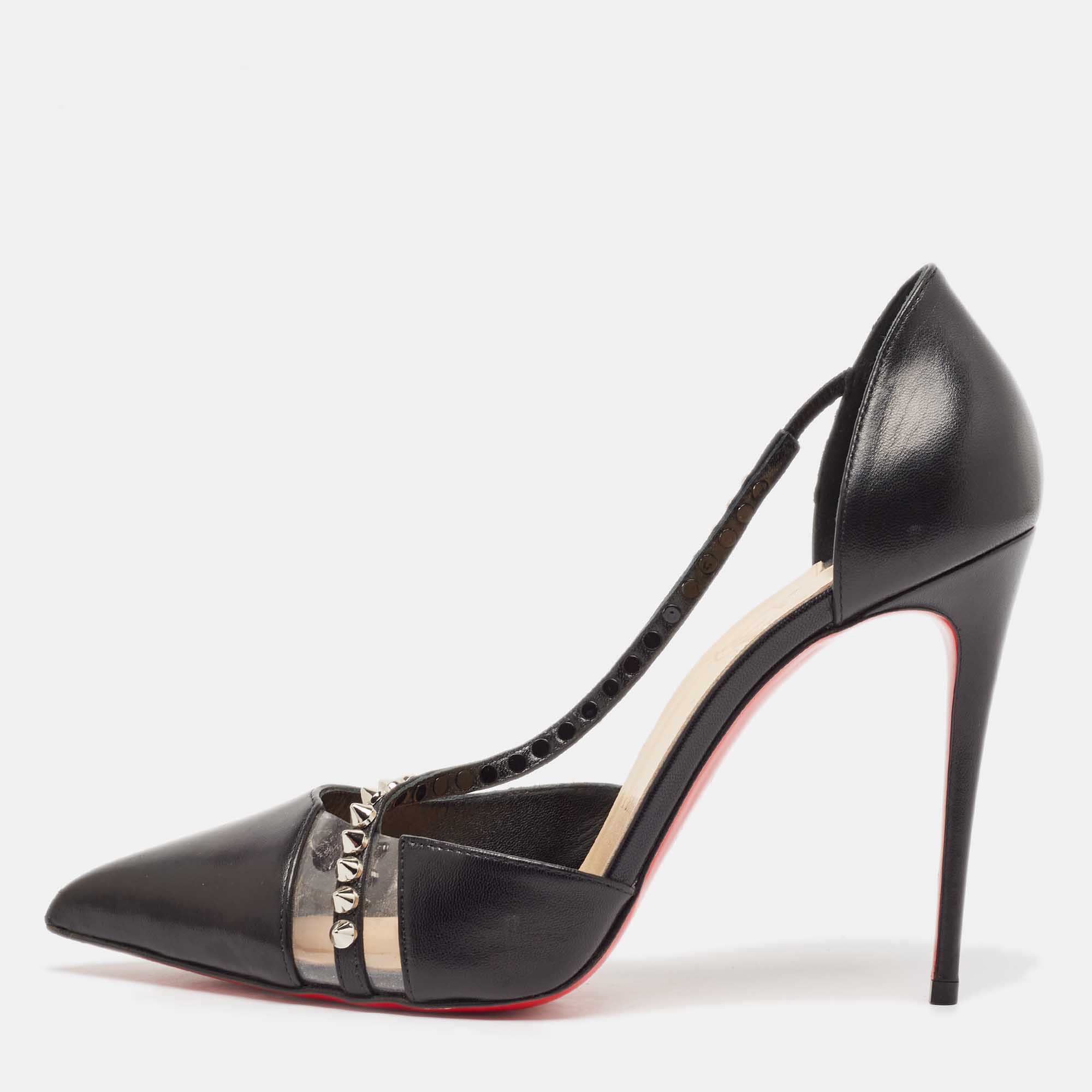 

Christian Louboutin Black Leather And Pvc Spike Cross Pointed Toe Pumps Size