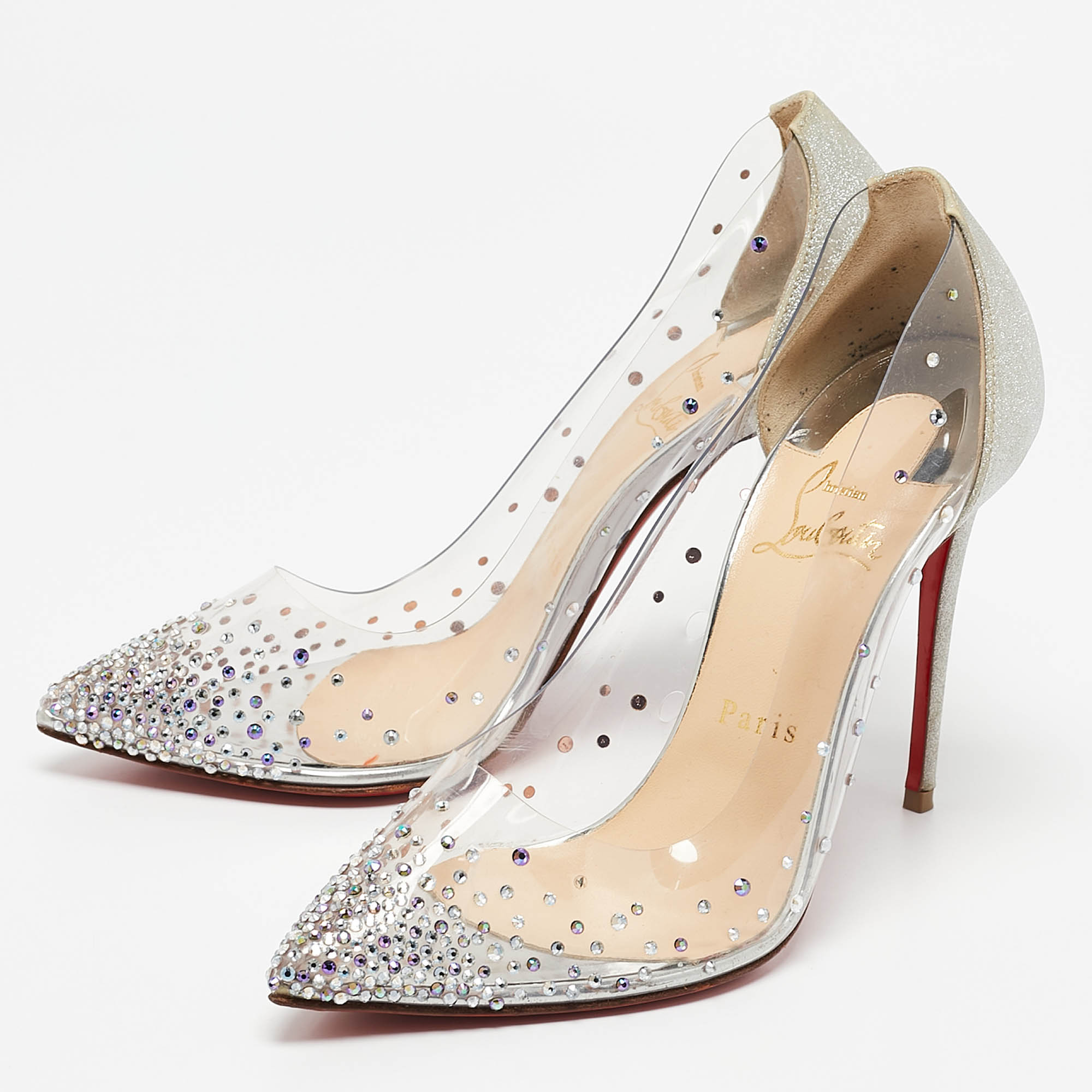 Christian Louboutin Silver Glitter and PVC Degrastrass Pumps Size 38 