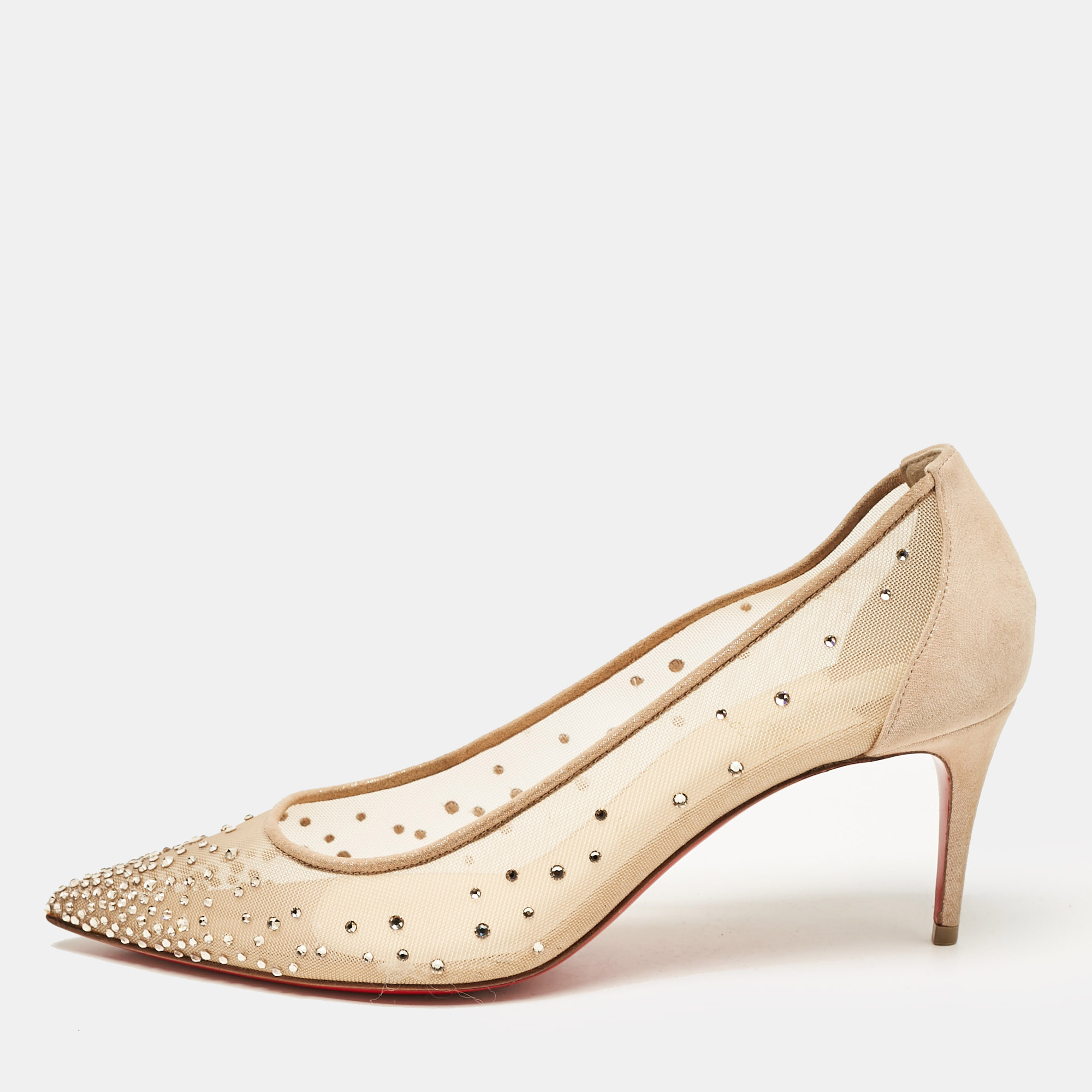 

Christian Louboutin Beige Mesh and Suede Follies Strass Pointed Toe Pumps Size