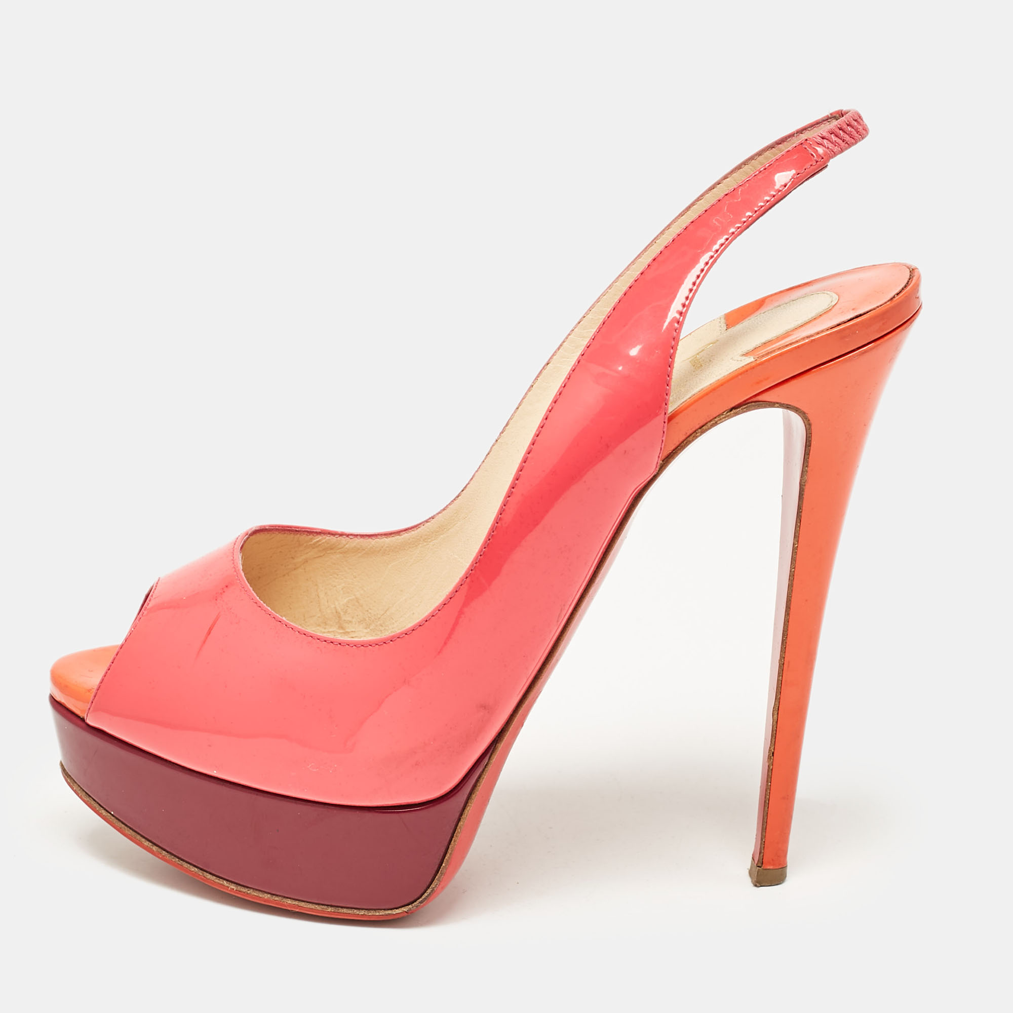 

Christian Louboutin Pink Patent Leather Lady Peep Toe Slingback Platform Pumps Size