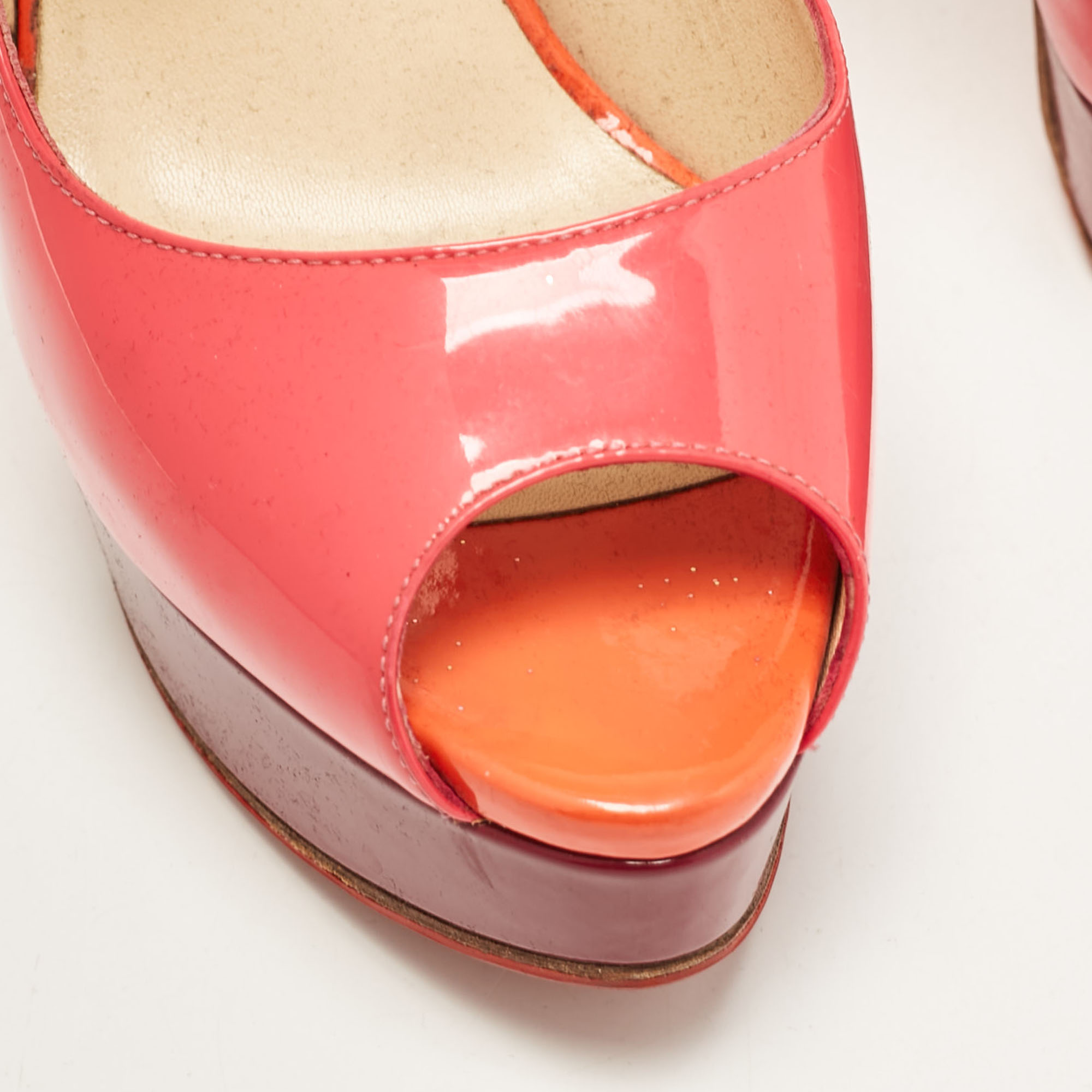 Christian Louboutin Pink Patent Leather Lady Peep Toe Slingback Platform Pumps Size 38.5 