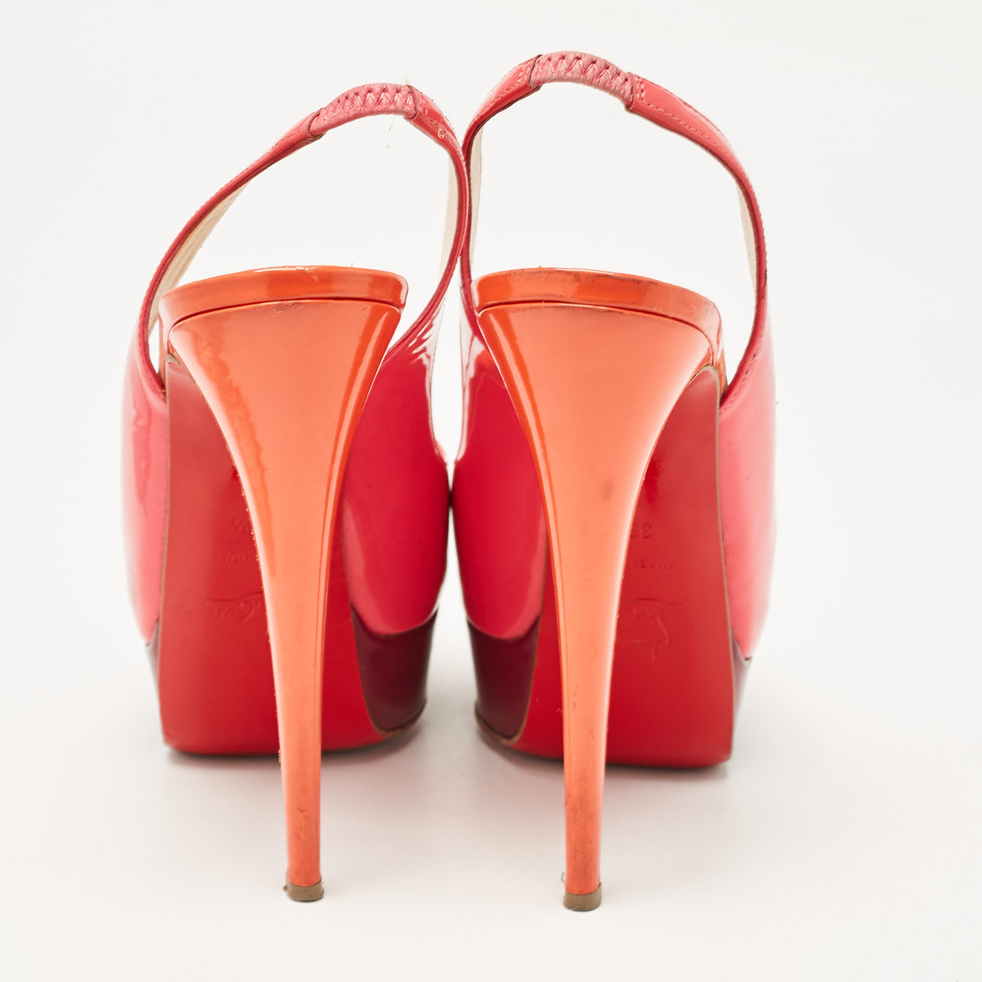 Christian Louboutin Pink Patent Leather Lady Peep Toe Slingback Platform Pumps Size 38.5 