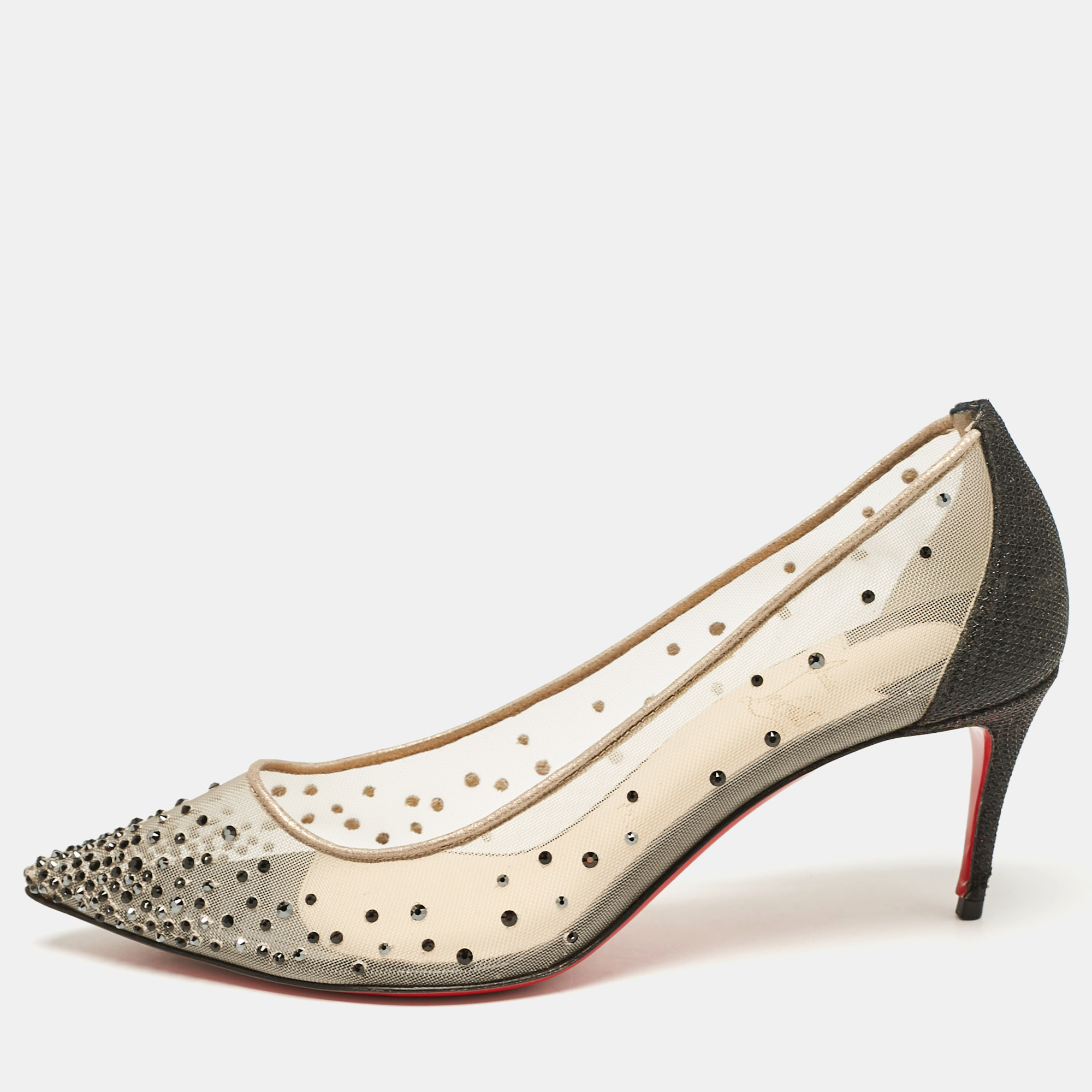 

Christian Louboutin Black Glitter and Mesh Follies Strass Pumps Size