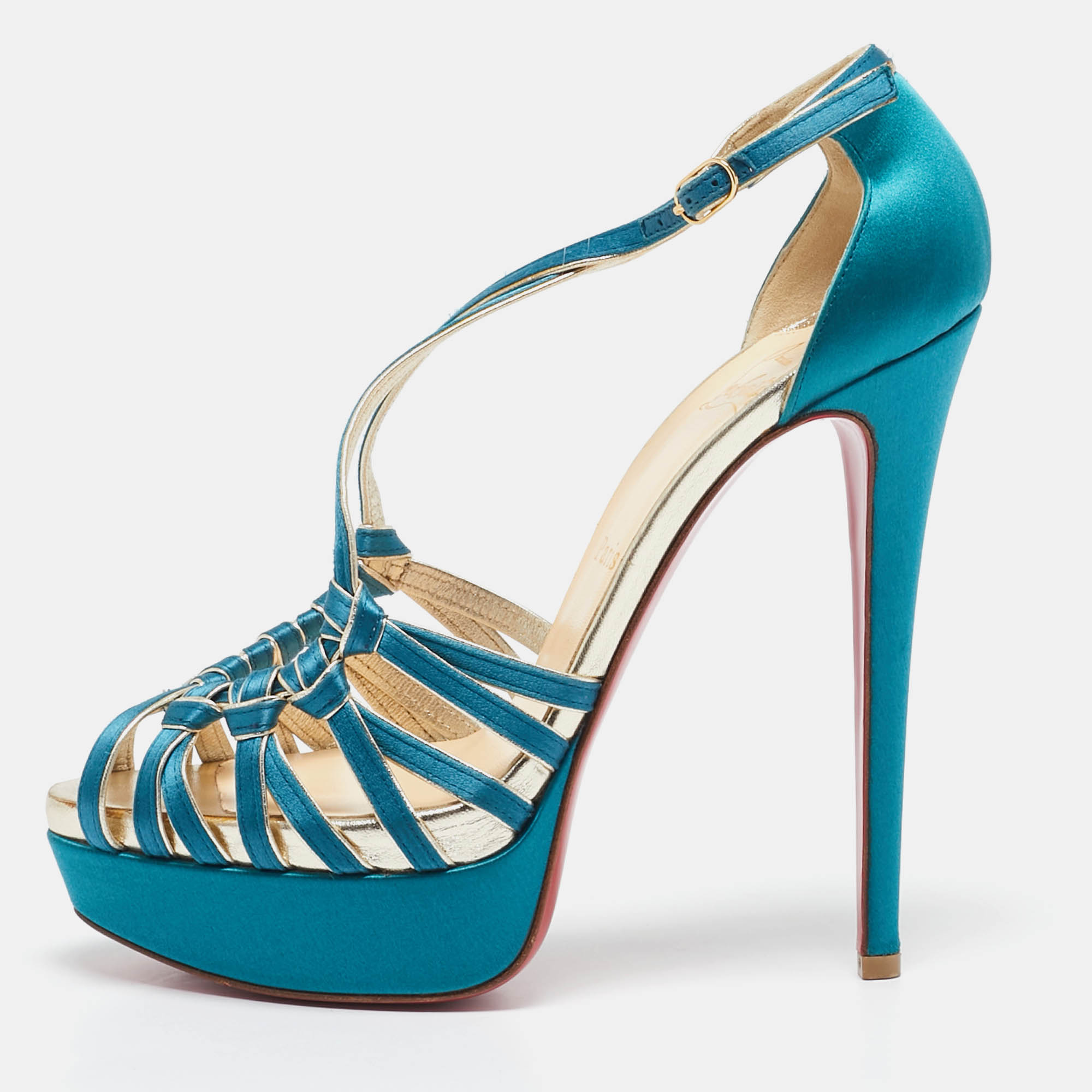 

Christian Louboutin Blue Satin Platform Ankle Strap Sandals Size