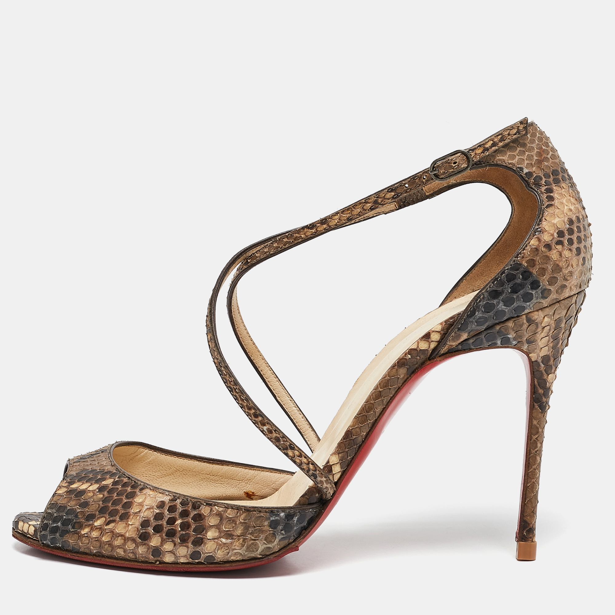 

Christian Louboutin Two Tone Python Leather Peep Toe Cross Strap Sandals Size, Brown