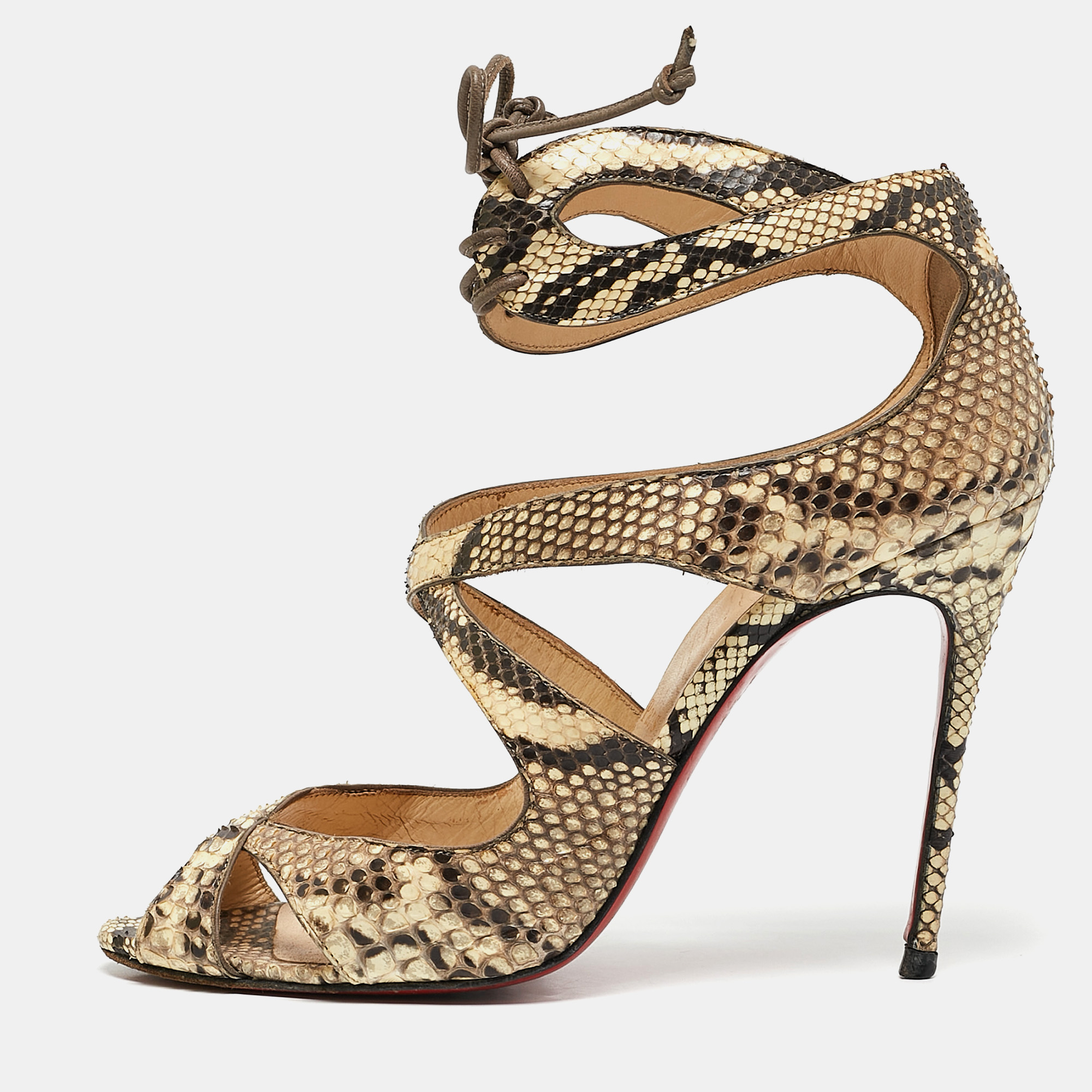 

Christian Louboutin Brown/Beige Python Leather Ankle Strap Sandals Size