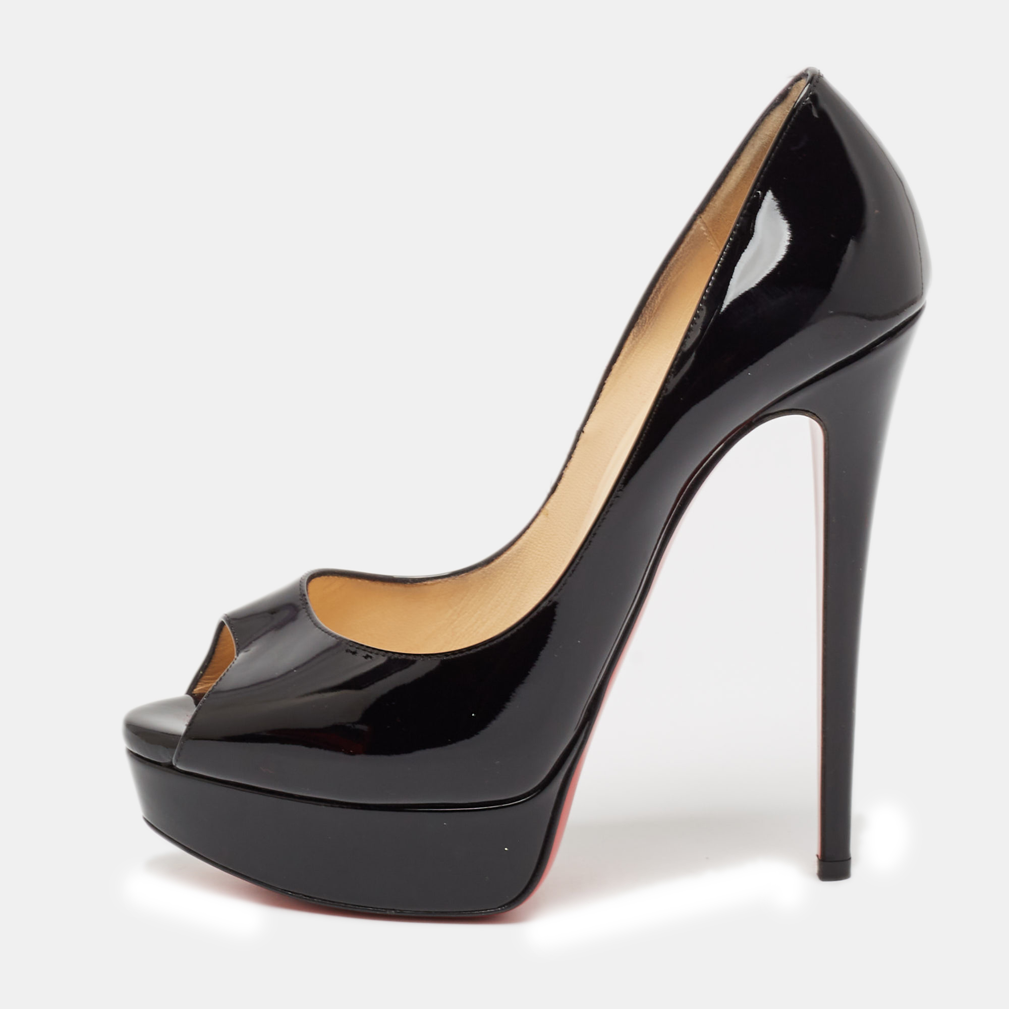 

Christian Louboutin Black Patent Leather Lady Peep Pumps Size