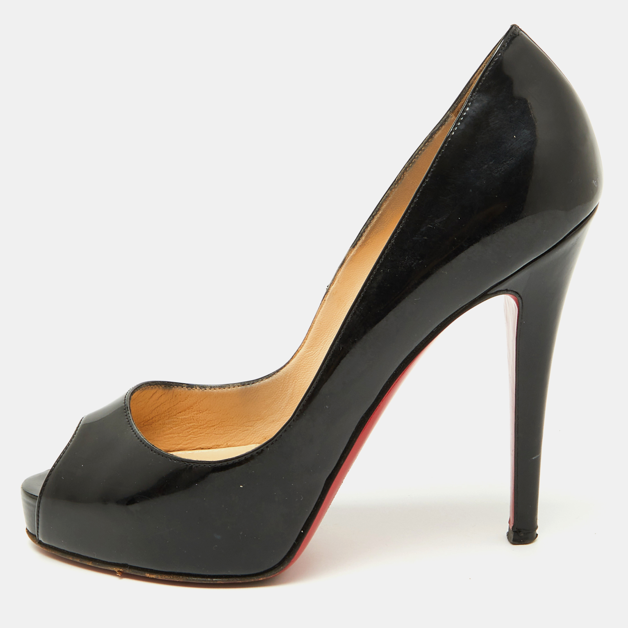 

Christian Louboutin Black Patent Leather Very Prive Peep Toe Platform Pumps Size