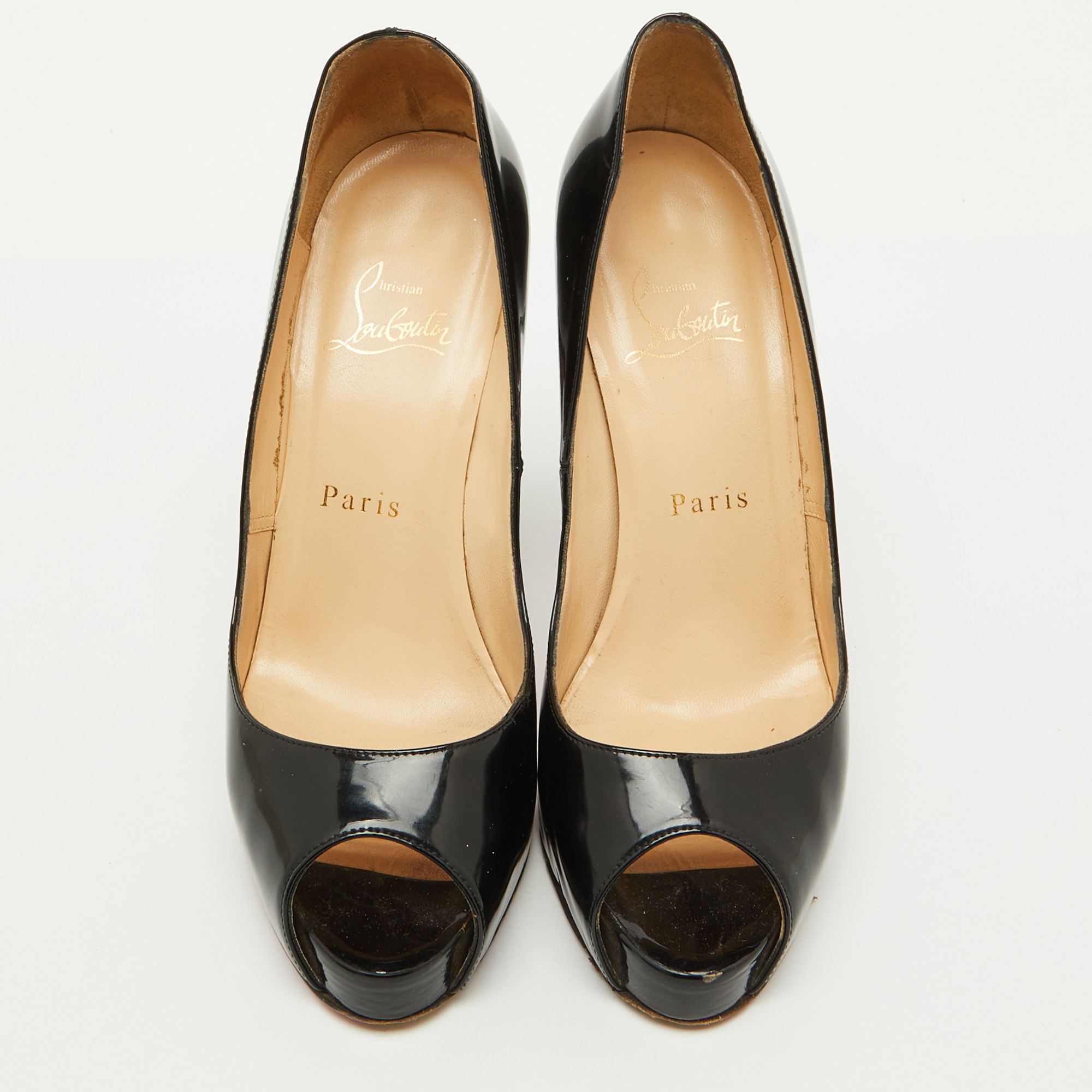 Christian Louboutin Black Patent Leather Very Prive Peep Toe Platform Pumps Size 37 