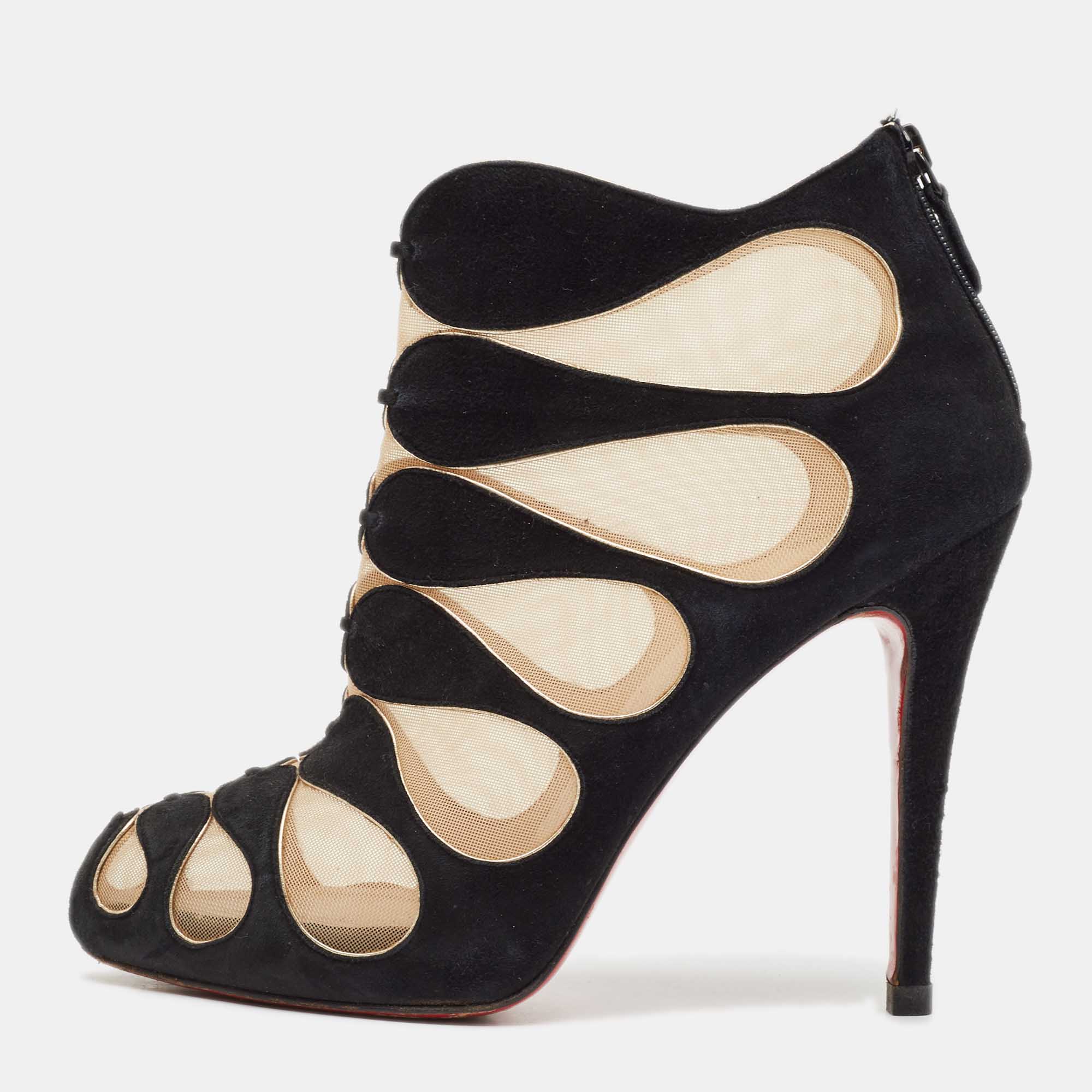 

Christian Louboutin Black/Beige Suede And Mesh Circus Cutout Ankle Boots Size