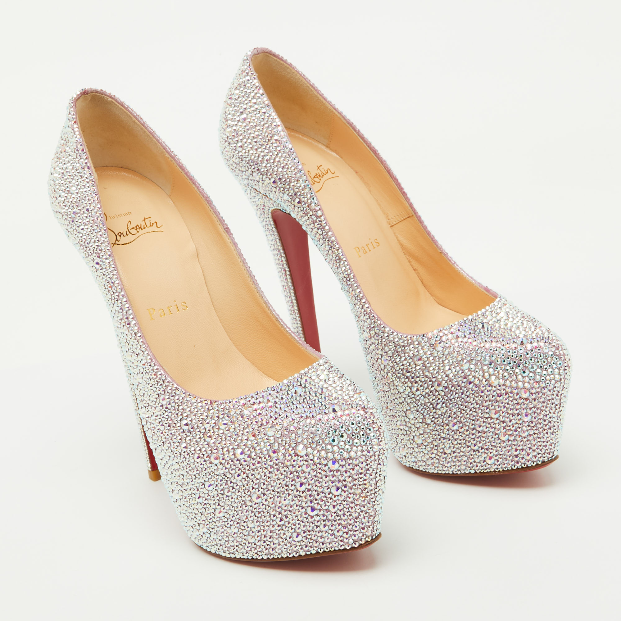 Christian Louboutin Silver/Pink Suede Crystal Embellished Daffodile Platform Pumps Size 37 