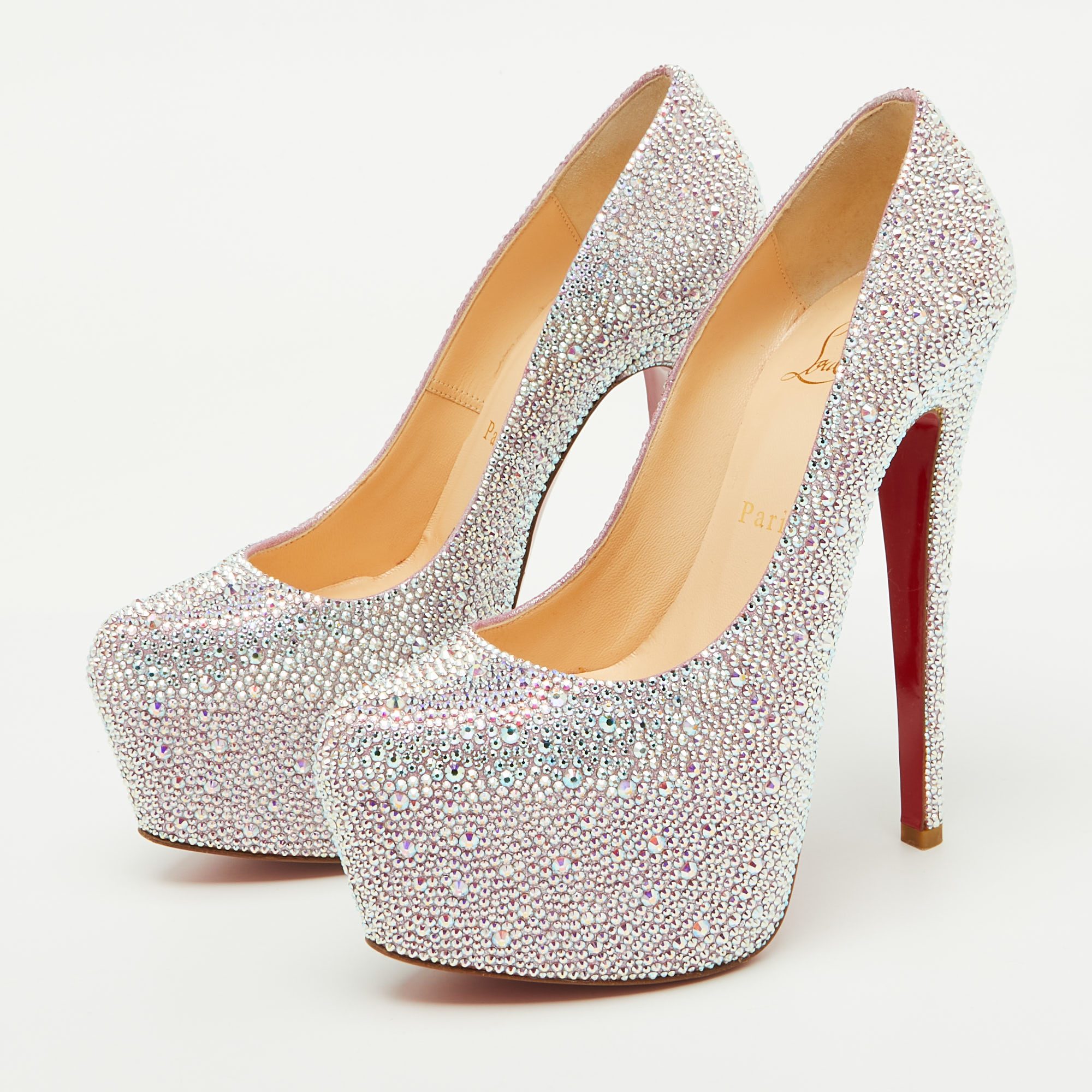 Christian Louboutin Silver/Pink Suede Crystal Embellished Daffodile Platform Pumps Size 37 