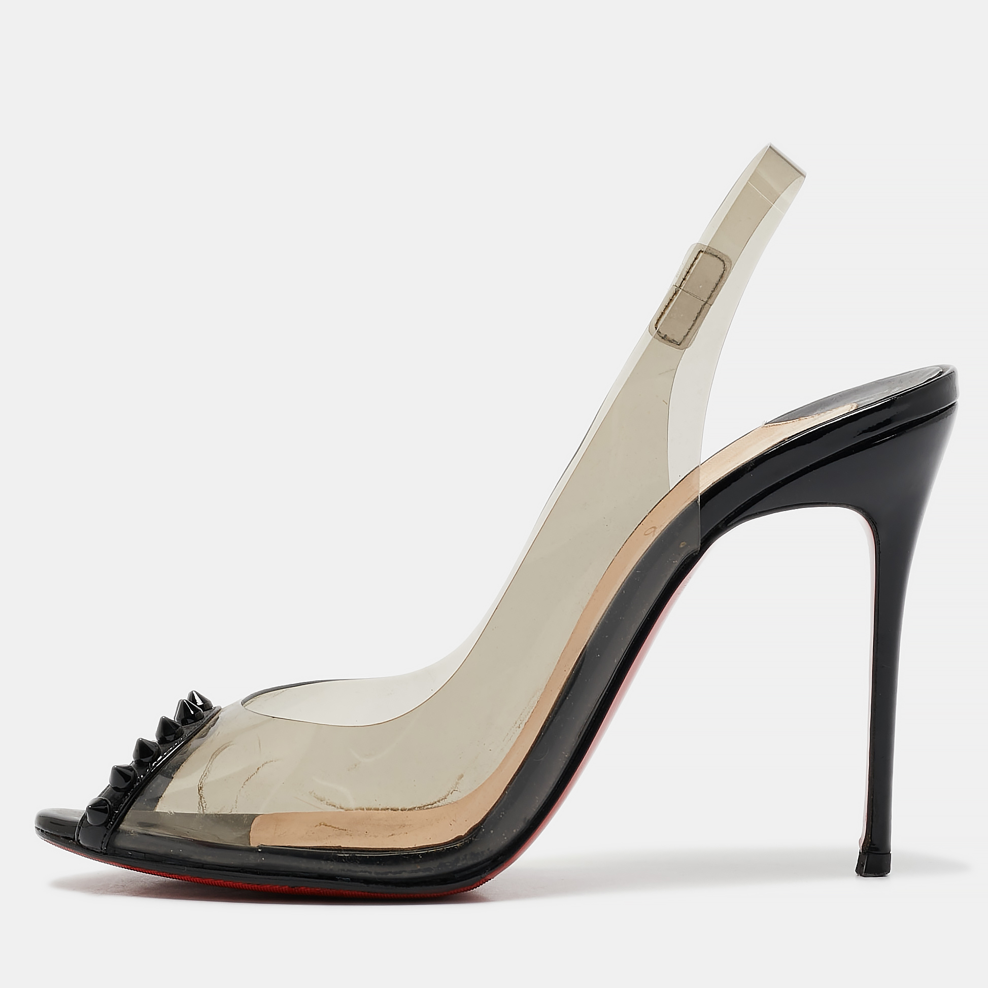 

Christian Louboutin Black Patent Leather and PVC Ring My Toe Peep Toe Pumps Size