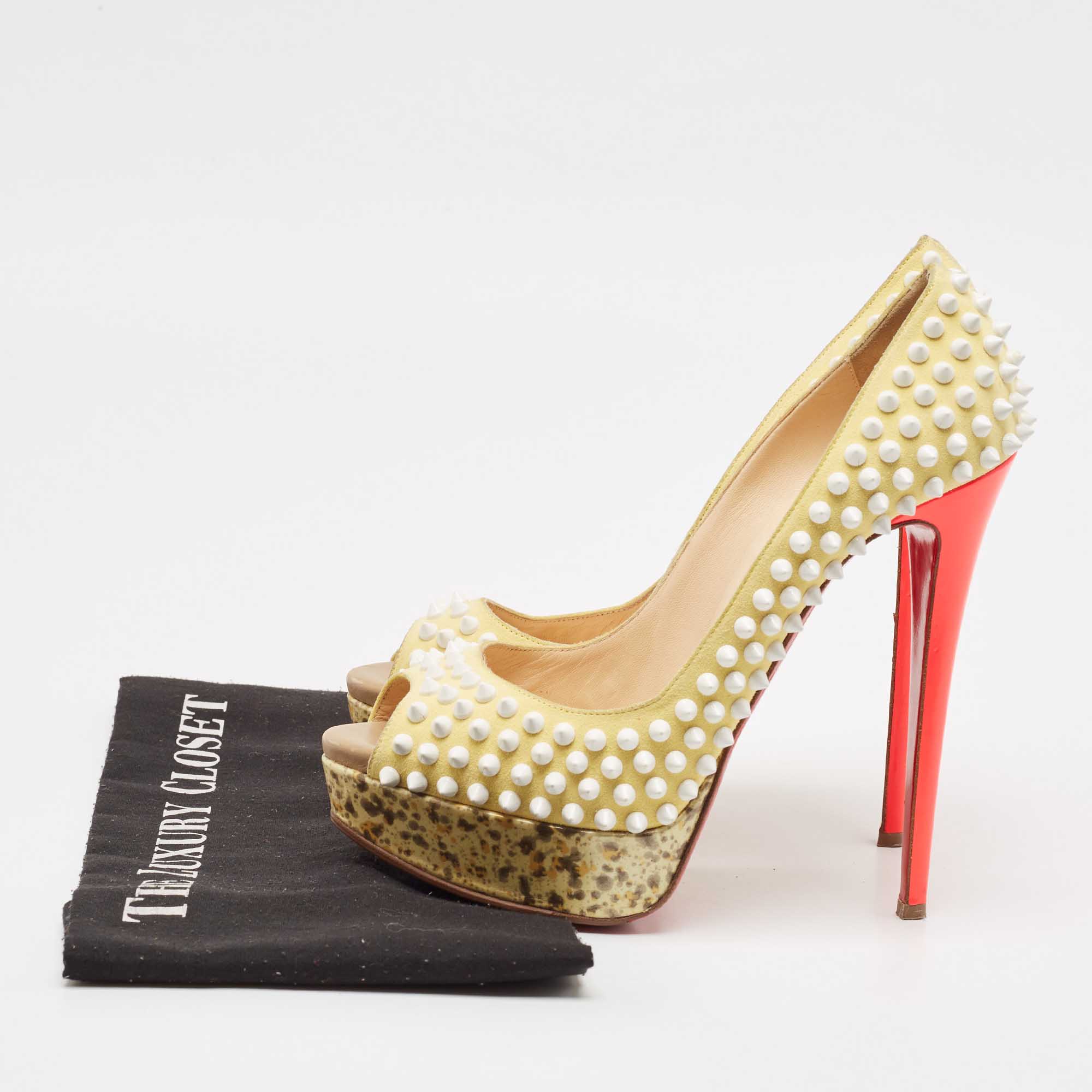 Christian Louboutin Cream Suede Lady Peep Spikes Pumps Size 39 