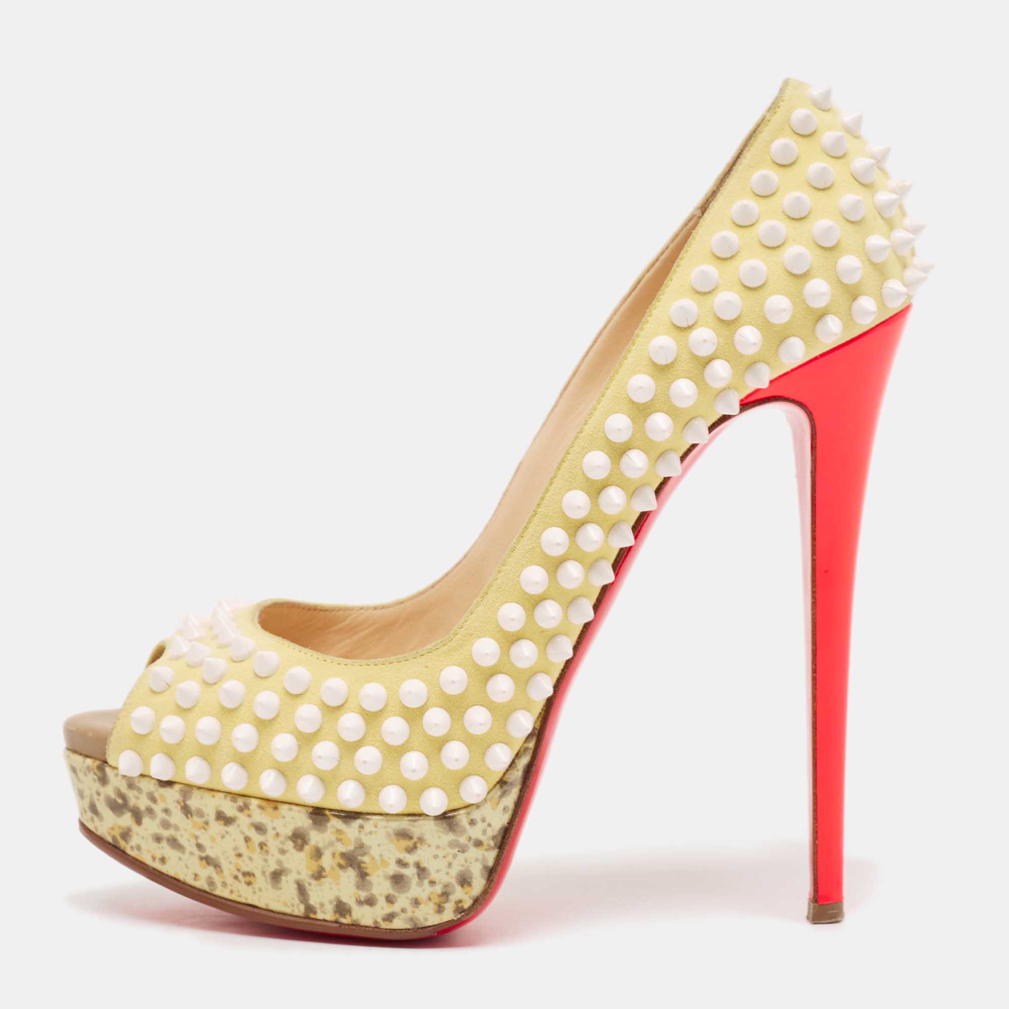 

Christian Louboutin Cream Suede Lady Peep Spikes Pumps Size