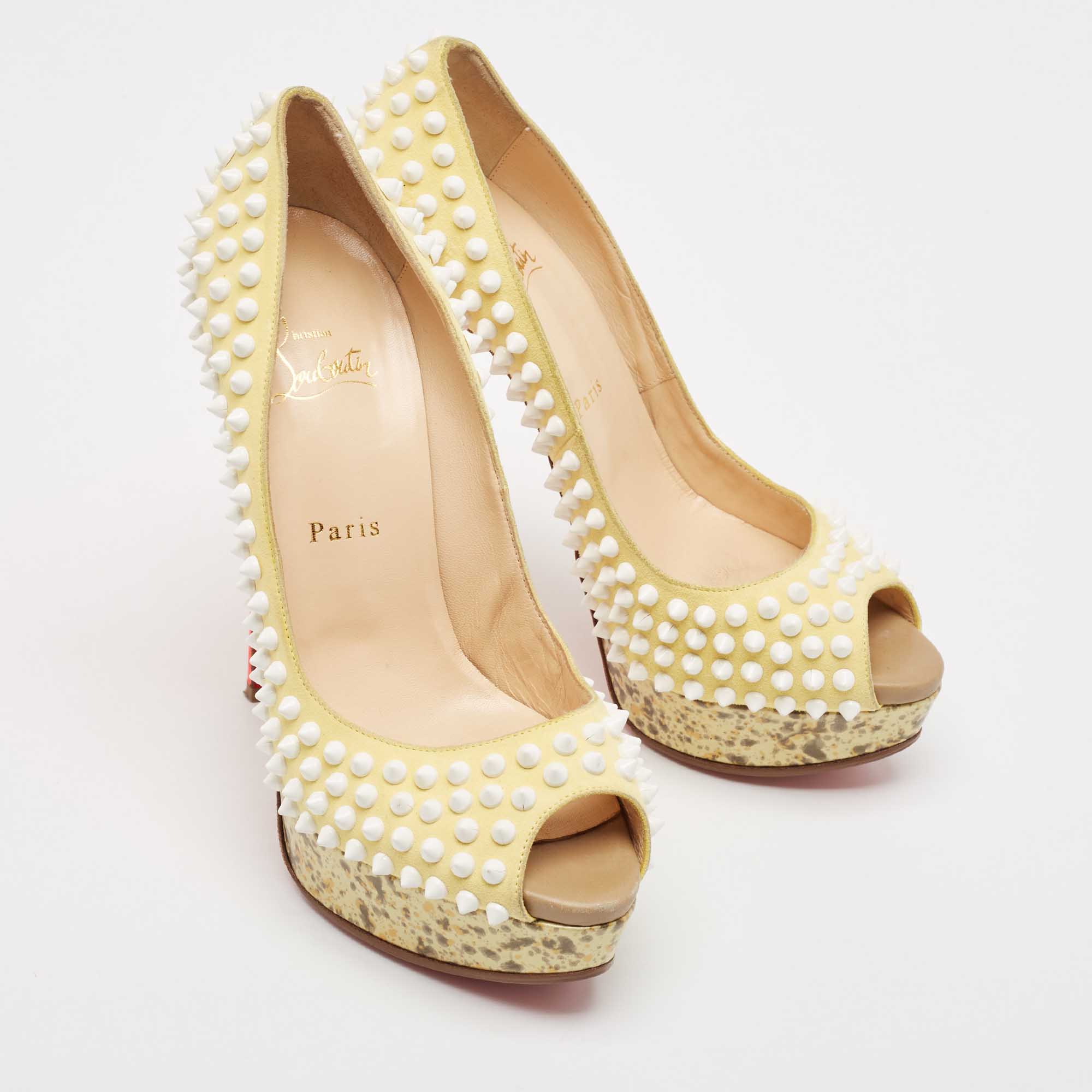 Christian Louboutin Cream Suede Lady Peep Spikes Pumps Size 39 
