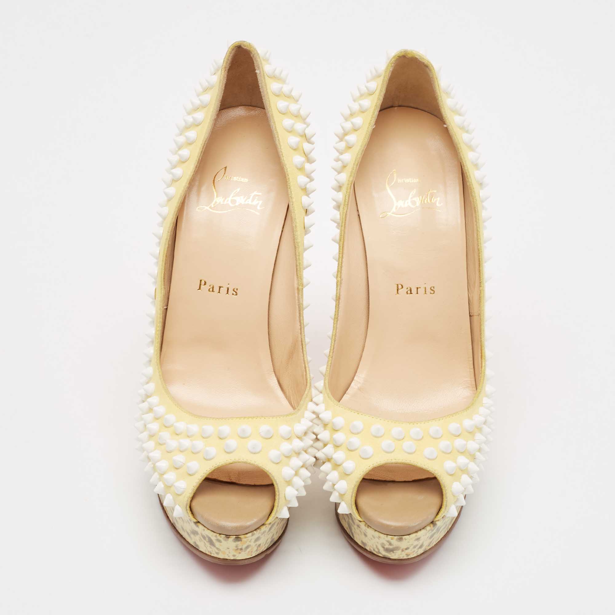 Christian Louboutin Cream Suede Lady Peep Spikes Pumps Size 39 