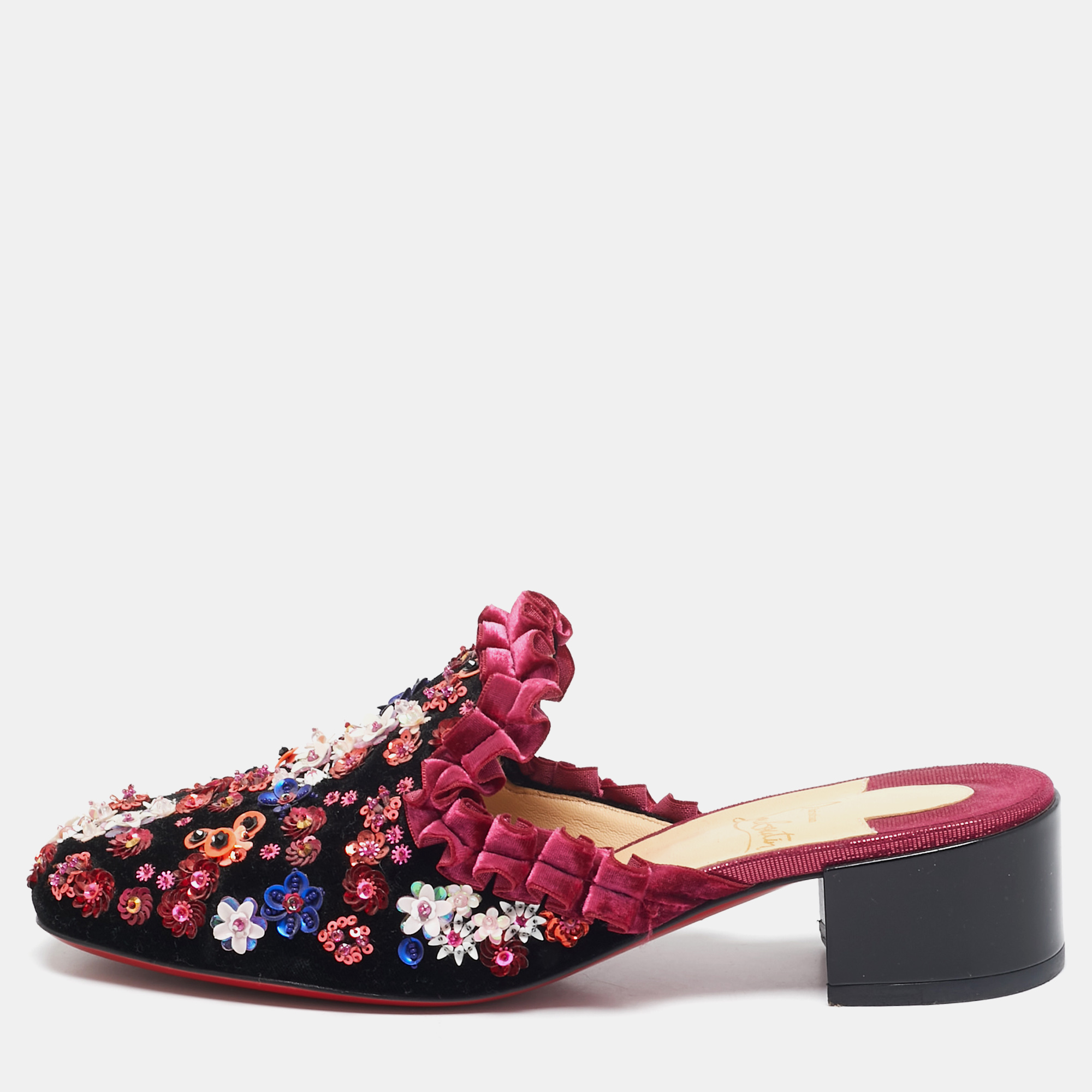 

Christian Louboutin Multicolor Velvet Flower Embellished Mules Size