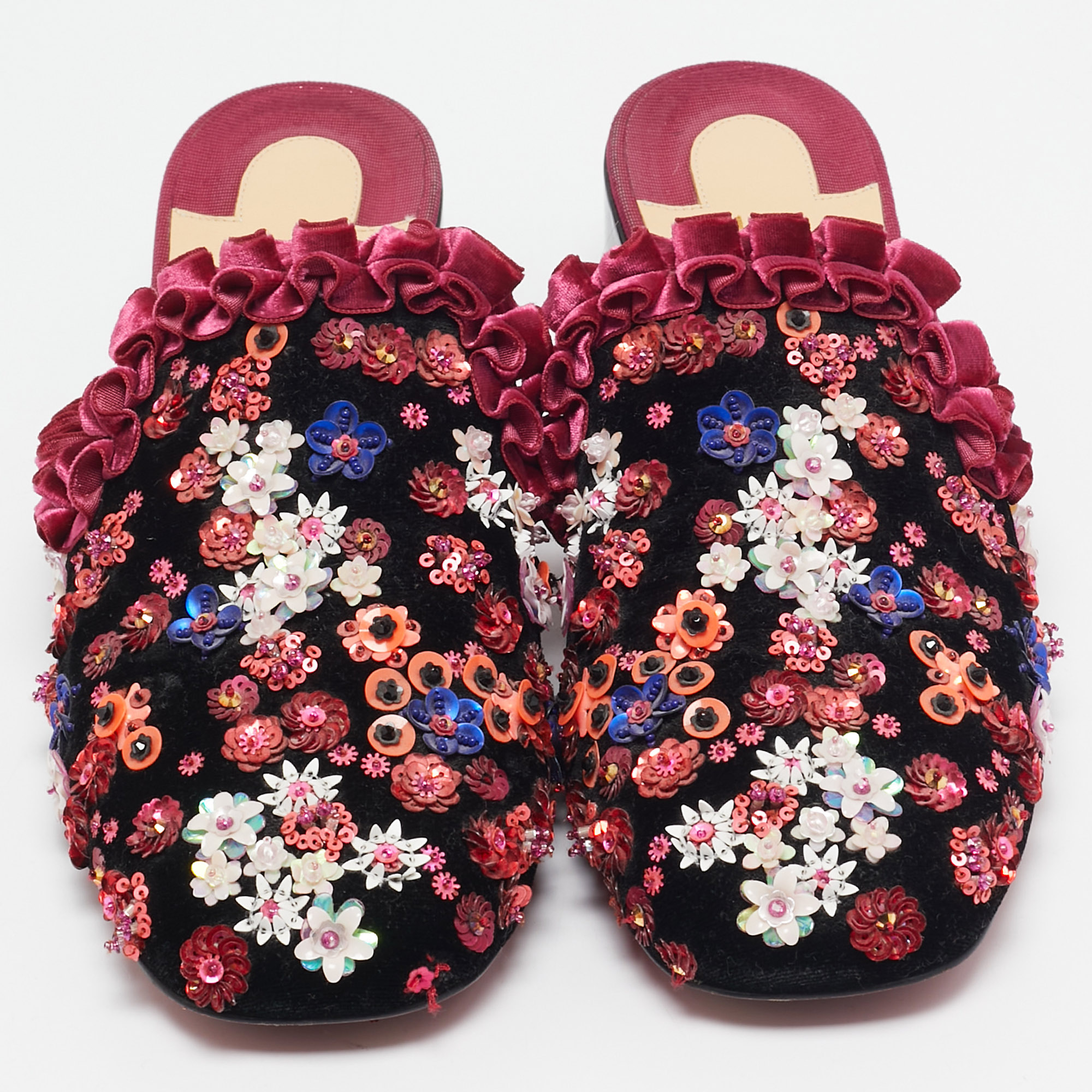 Christian Louboutin Multicolor Velvet Flower Embellished Mules Size 38.5 