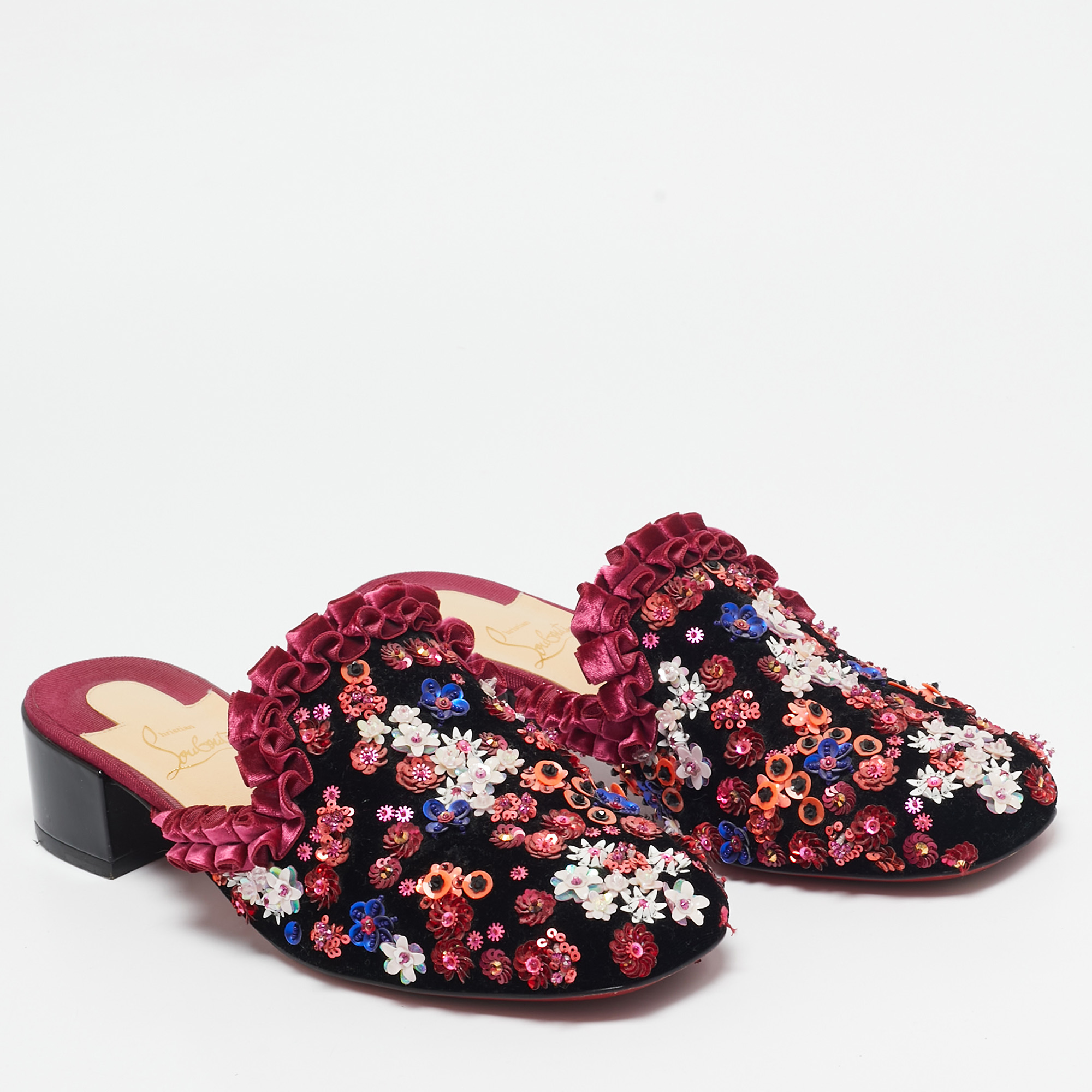 Christian Louboutin Multicolor Velvet Flower Embellished Mules Size 38.5 