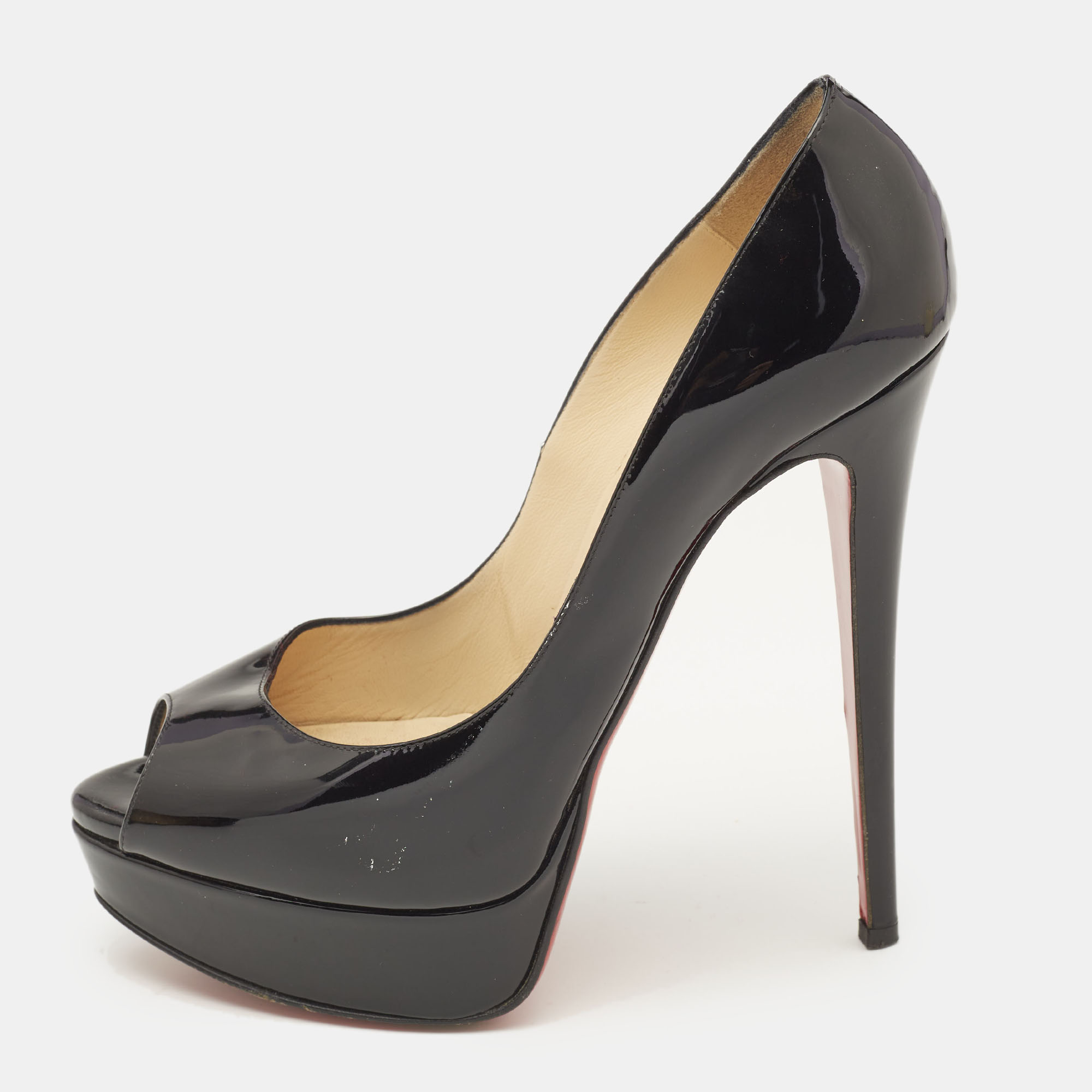 

Christian Louboutin Black Patent Leather Lady Peep Pumps Size