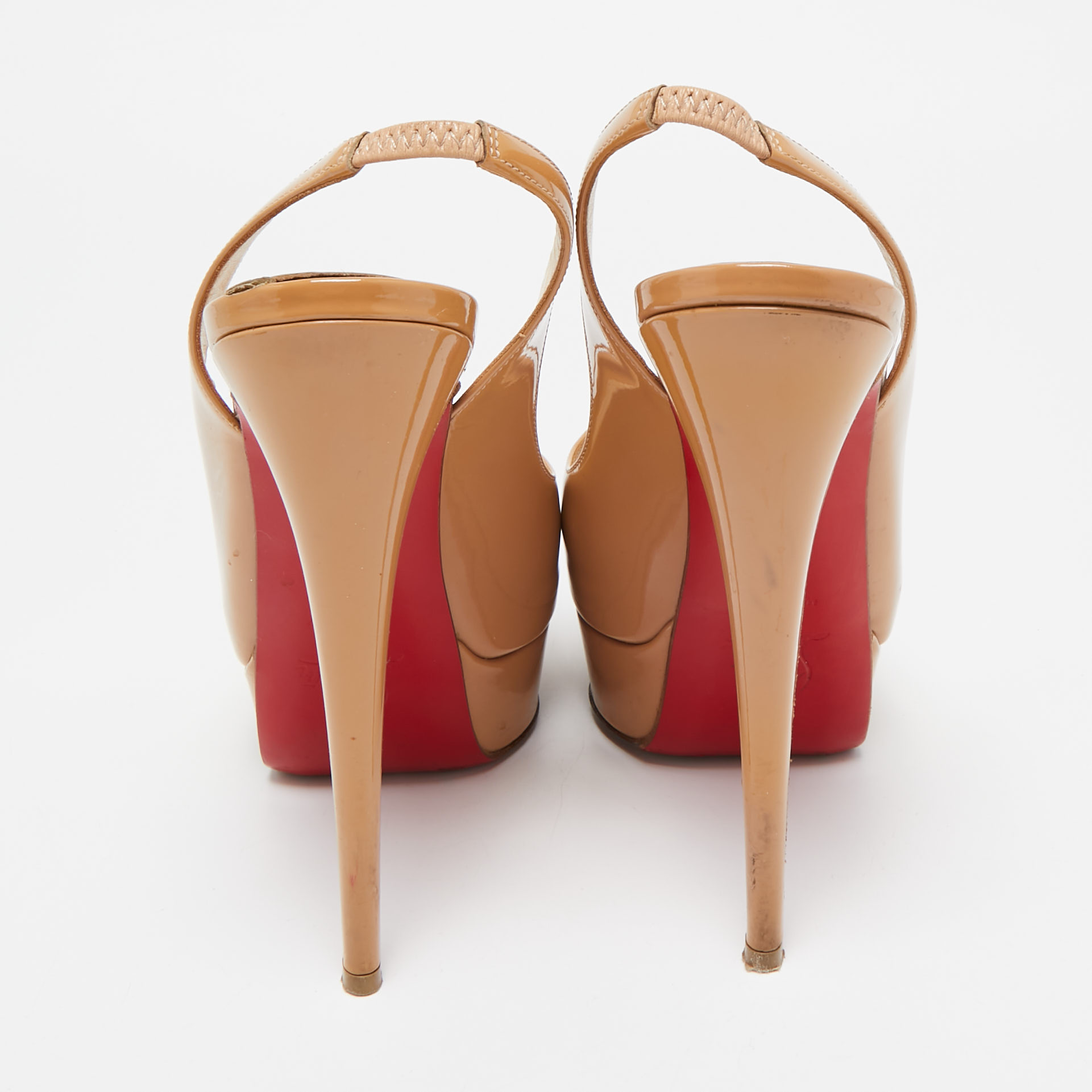 Christian Louboutin Beige Patent Leather Lady Peep Toe Slingback Pumps Size 38 