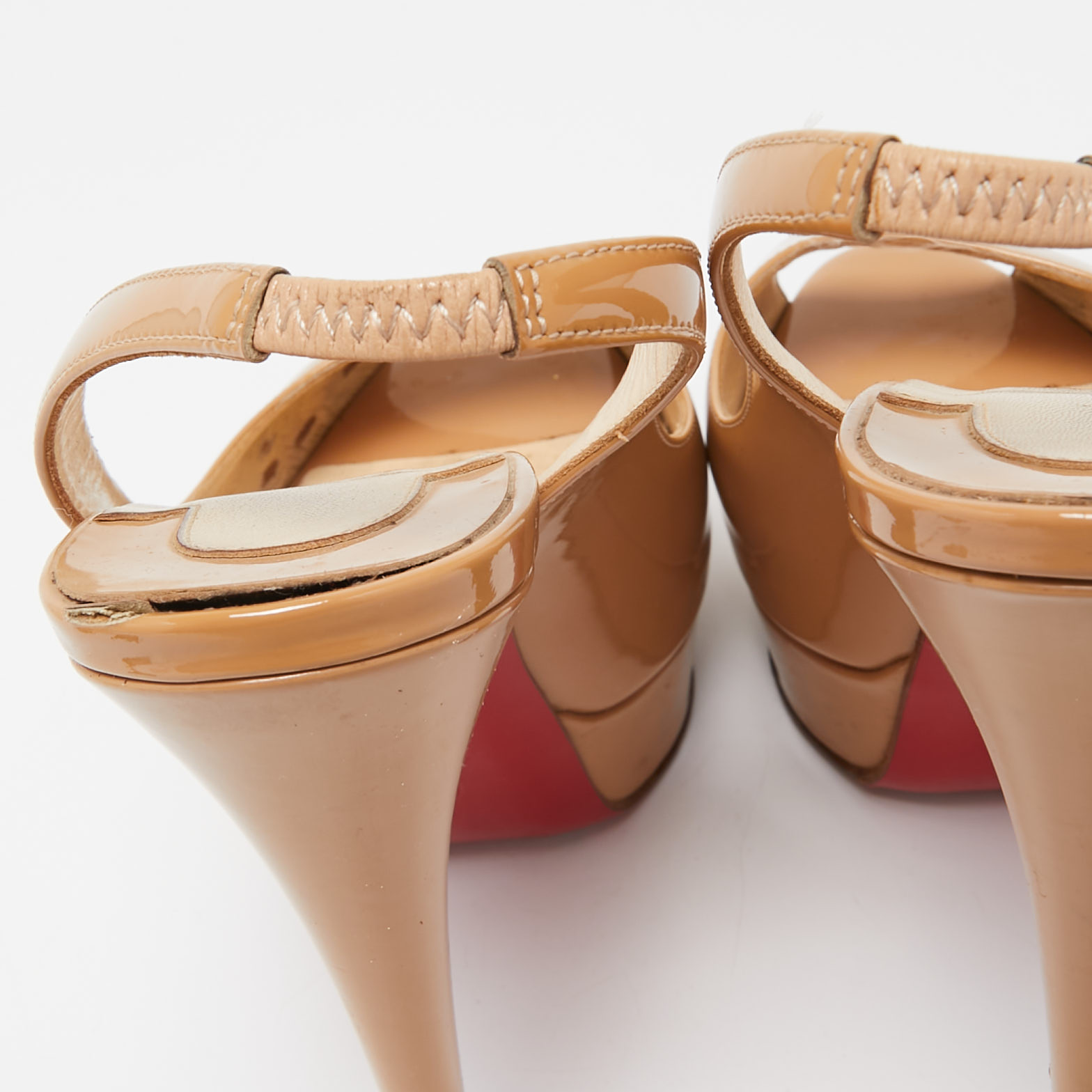 Christian Louboutin Beige Patent Leather Lady Peep Toe Slingback Pumps Size 38 