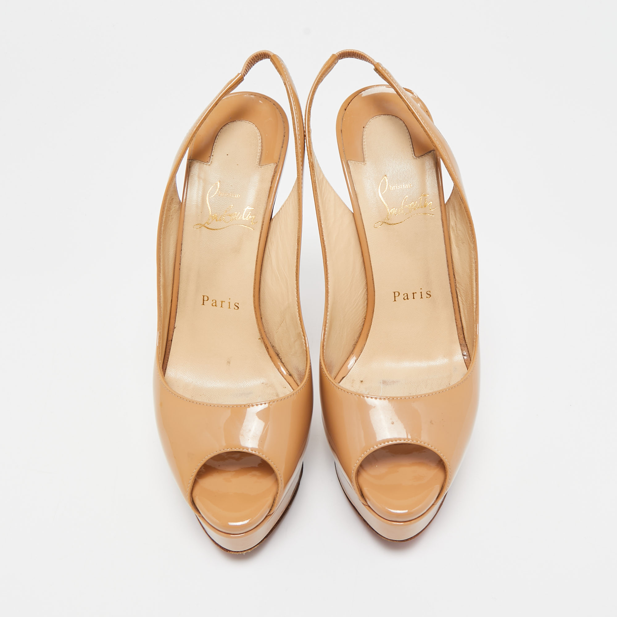 Christian Louboutin Beige Patent Leather Lady Peep Toe Slingback Pumps Size 38 