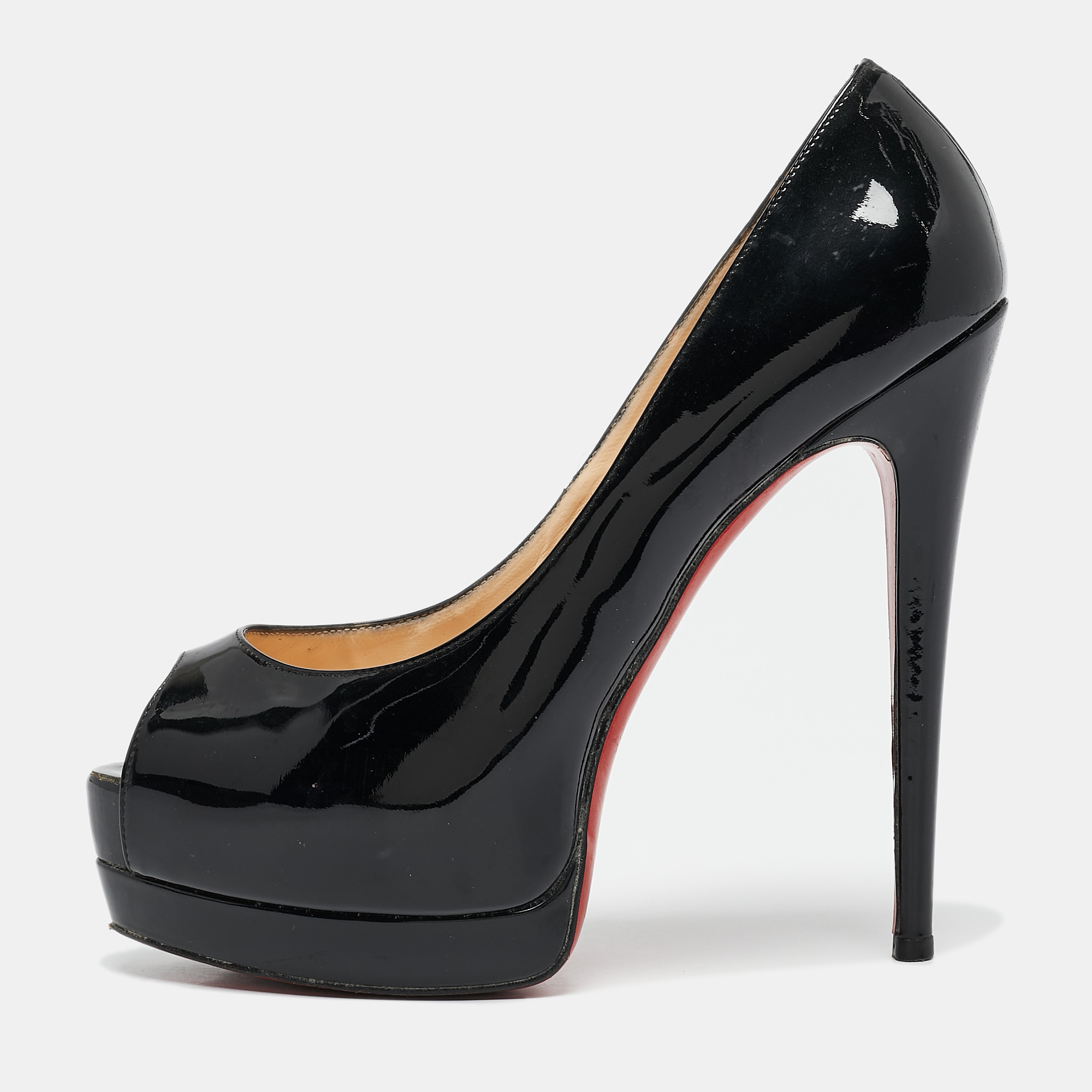 

Christian Louboutin Black Patent Leather Lady Peep Toe Platform Pumps Size