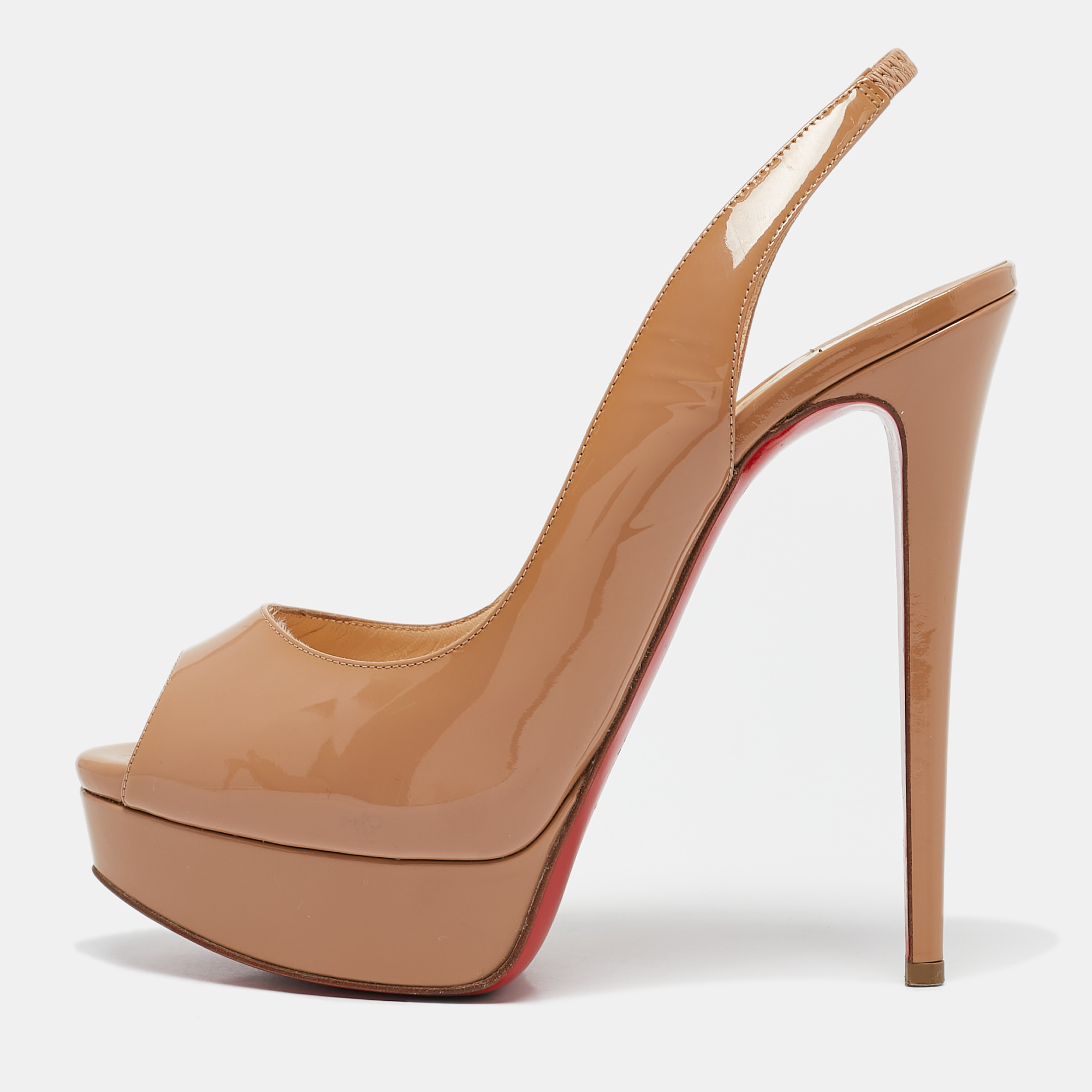 

Christian Louboutin Beige Patent Leather Lady Peep Toe Slingback Platform Pumps Size