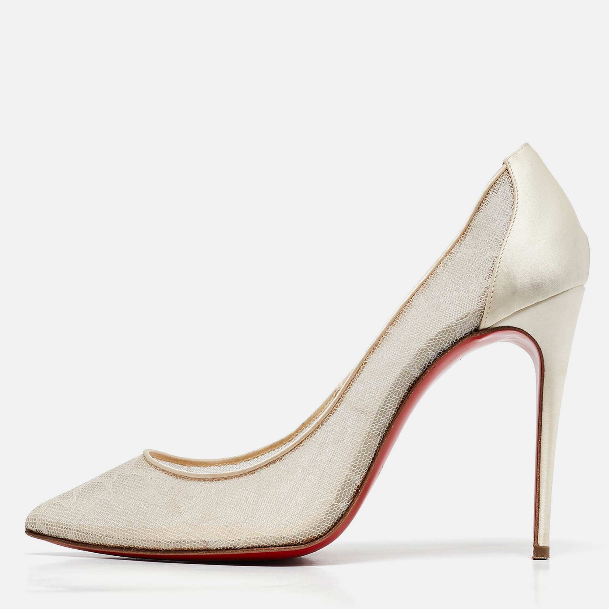 

Christian Louboutin Off White Satin and Lace Follies Pumps Size