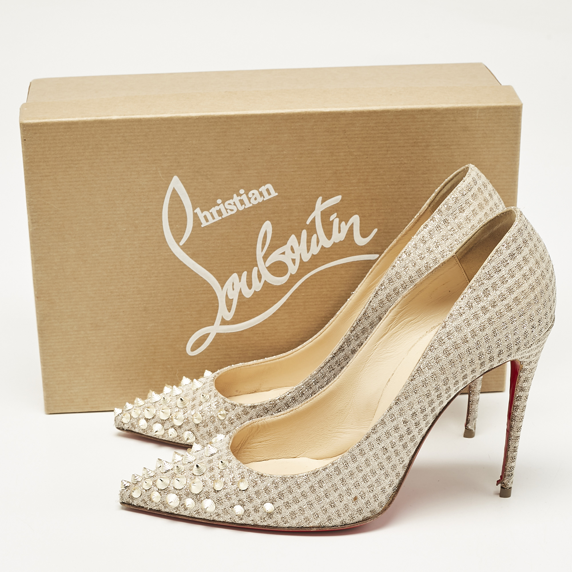 Christian Louboutin Gold Lurex Fabric Spikeyshell Pumps Size 38 