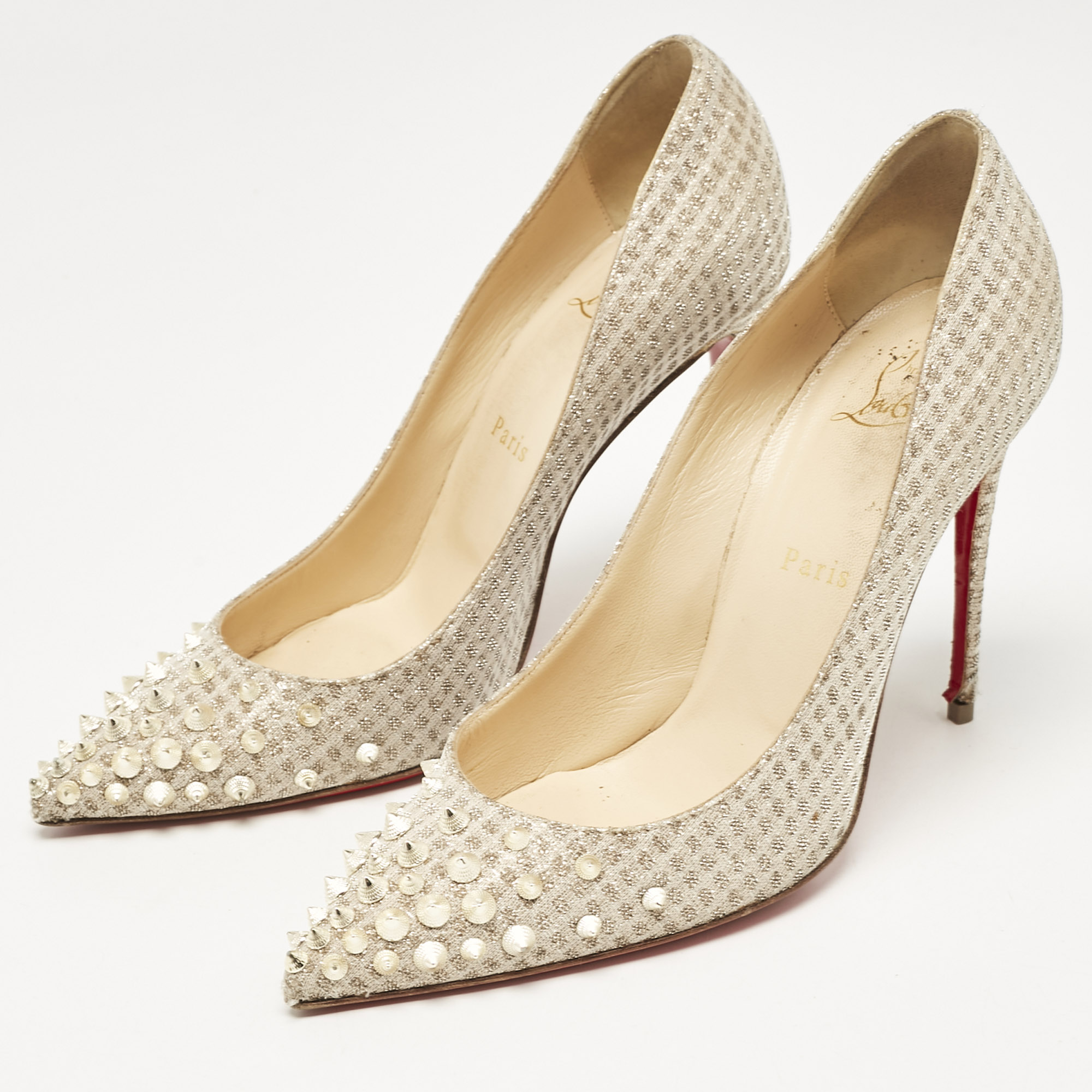 Christian Louboutin Gold Lurex Fabric Spikeyshell Pumps Size 38 