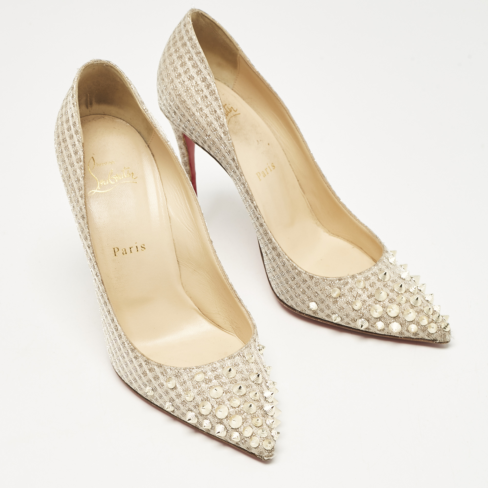 Christian Louboutin Gold Lurex Fabric Spikeyshell Pumps Size 38 