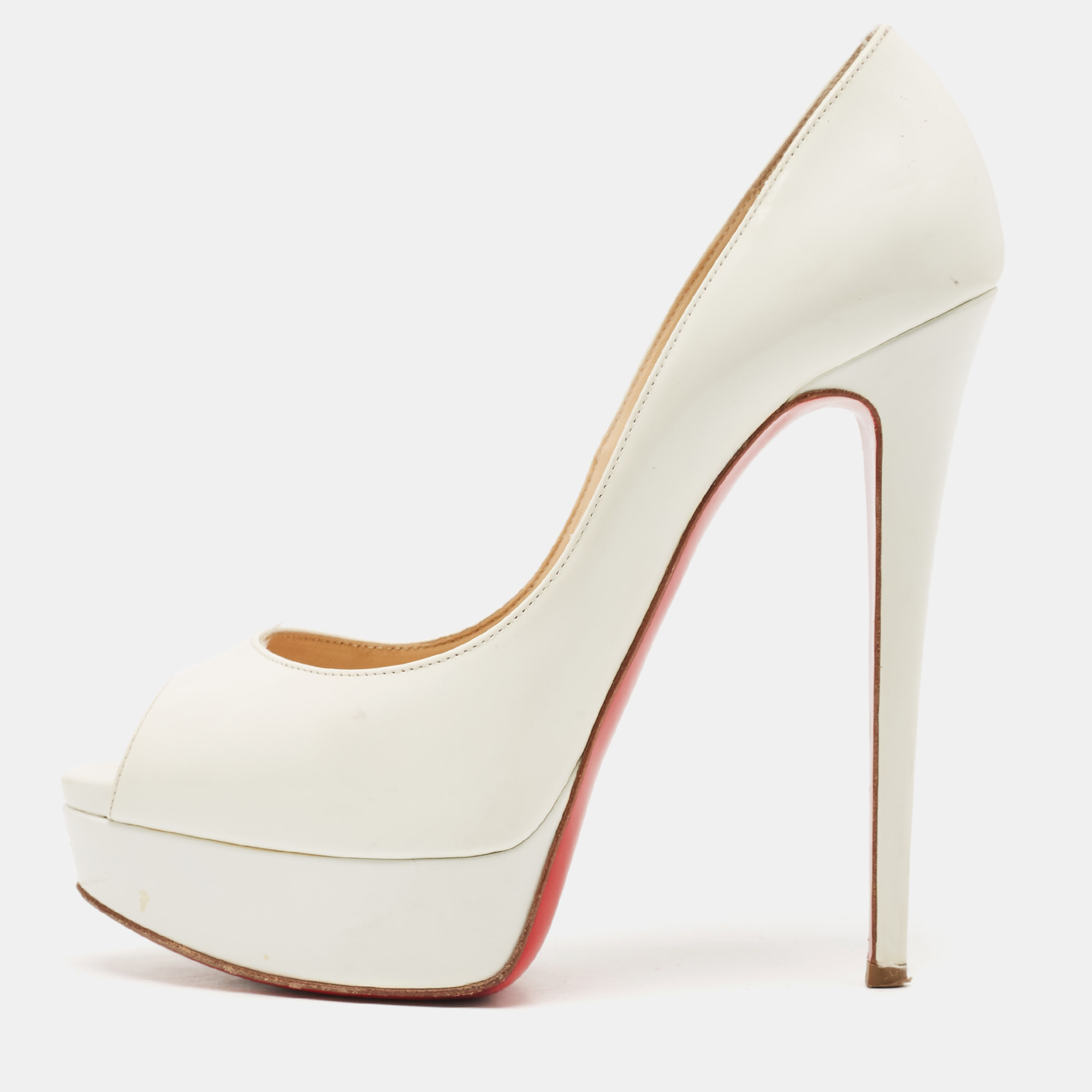 

Christian Louboutin White Patent Leather Lady Peep Platform Pumps Size