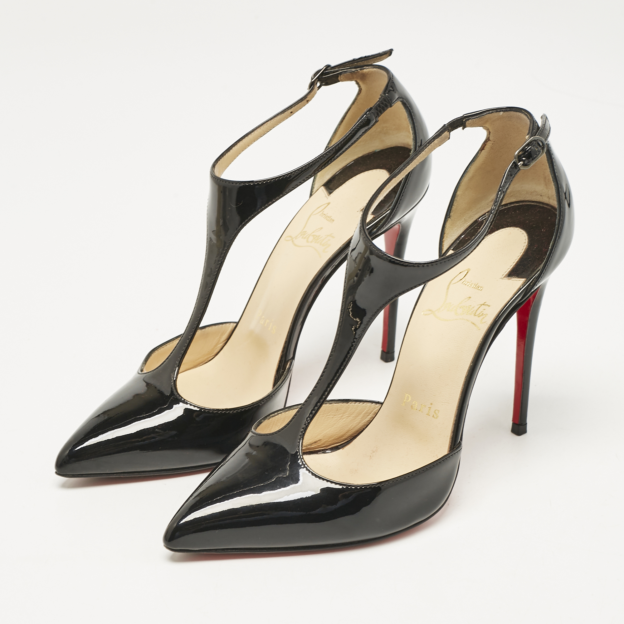 Christian Louboutin Black Patent Leather Pointed Toe T-Strap Pumps Size 35.5 