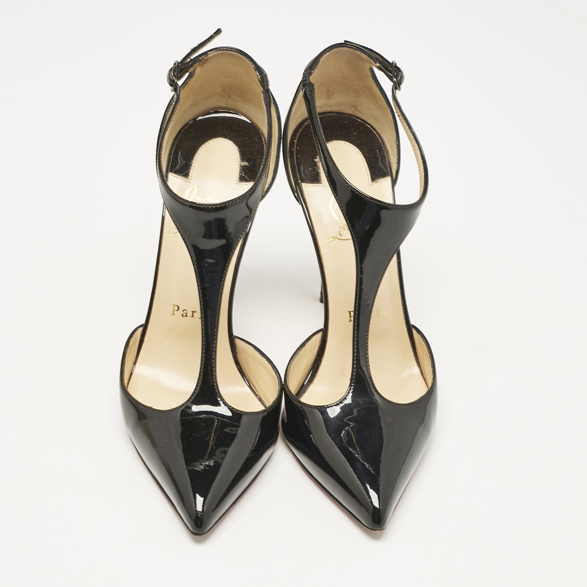 Christian Louboutin Black Patent Leather Pointed Toe T-Strap Pumps Size 35.5 