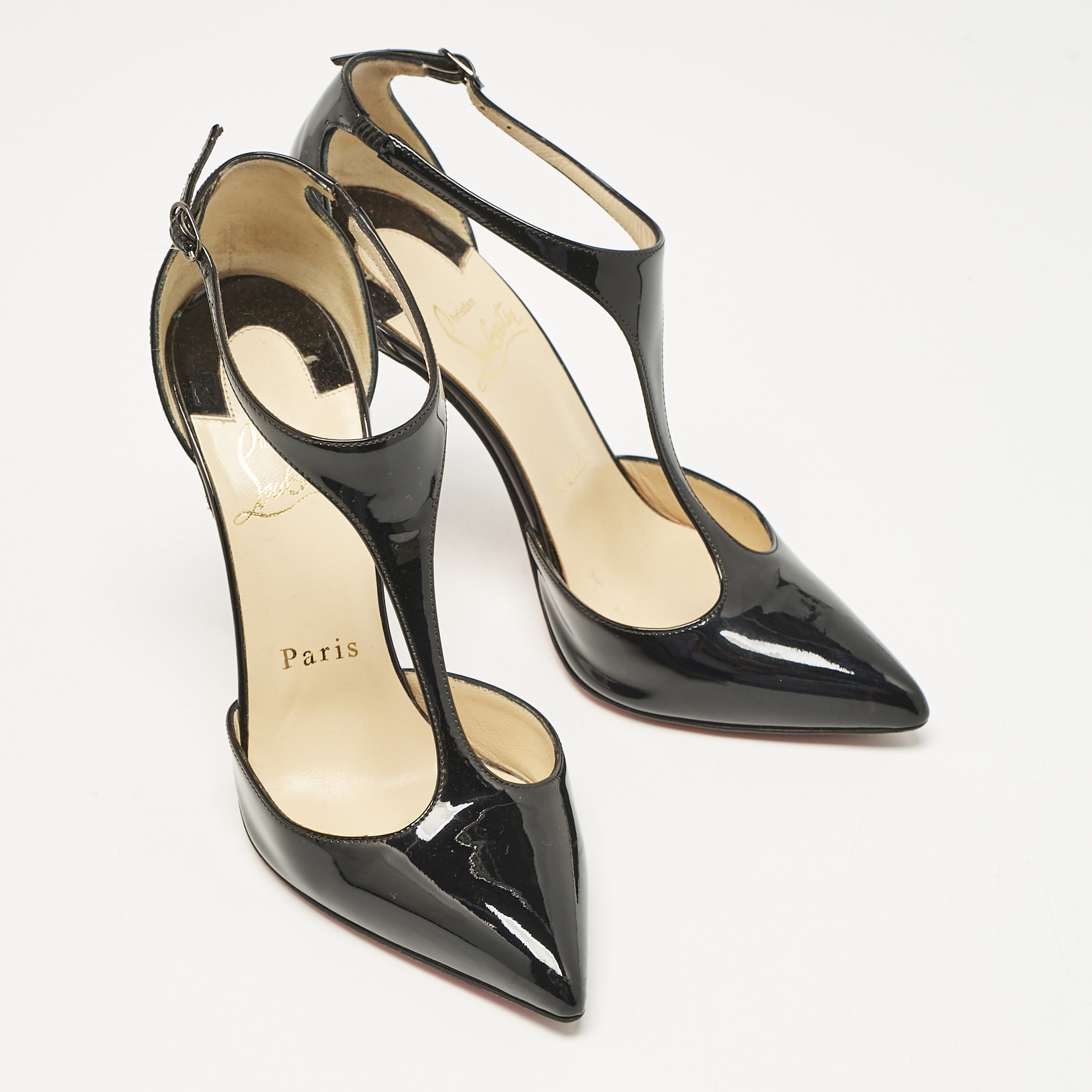 Christian Louboutin Black Patent Leather Pointed Toe T-Strap Pumps Size 35.5 