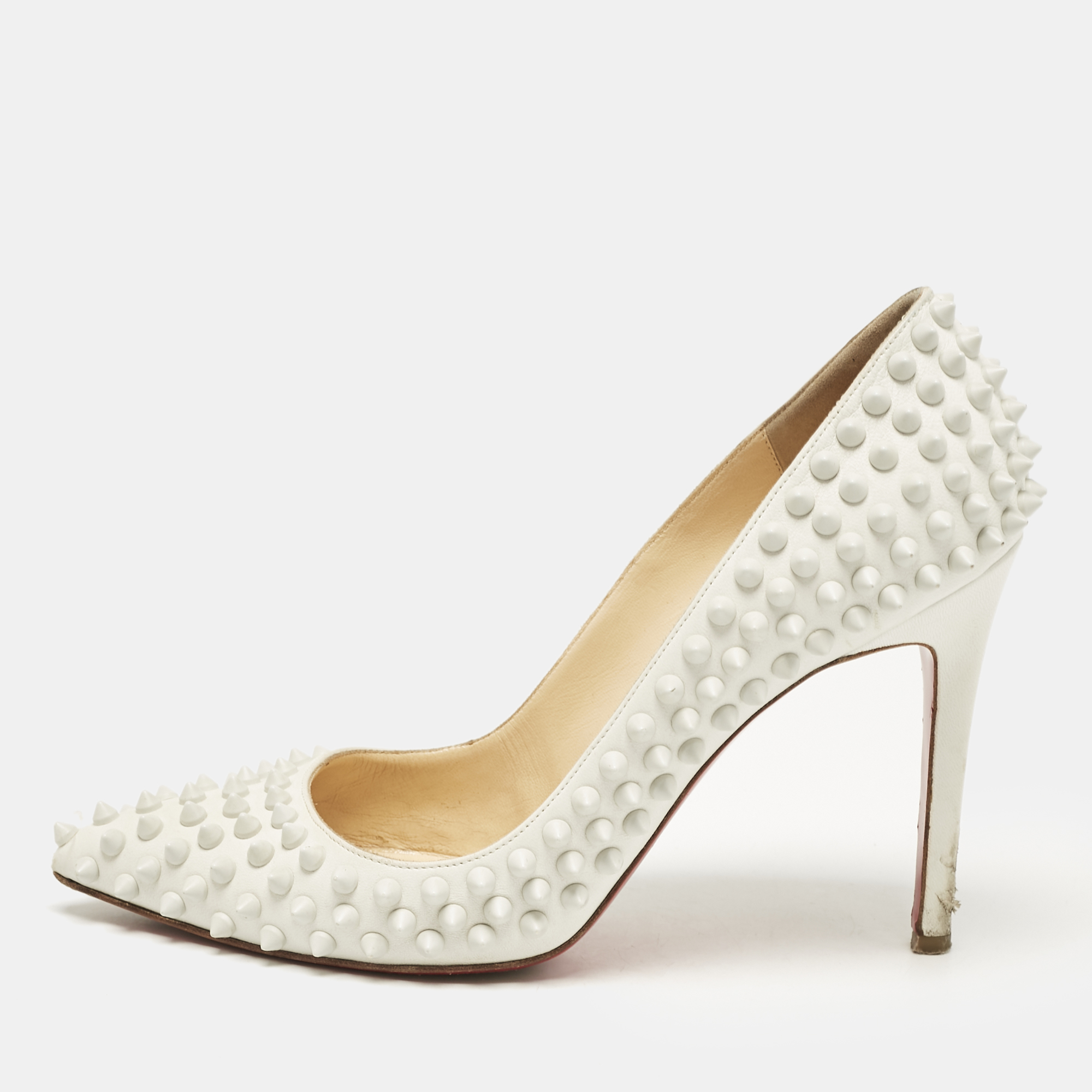 

Christian Louboutin White Leather Pigalle Spikes Pointed Toe Pumps Size