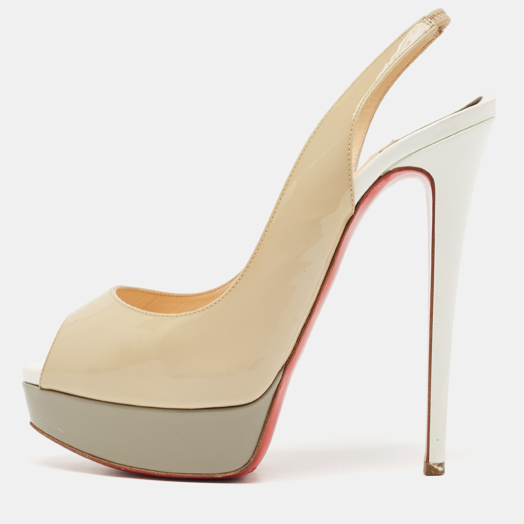 

Christian Louboutin Beige/Grey Patent Leather Lady Peep Platform Slingback Pumps Size